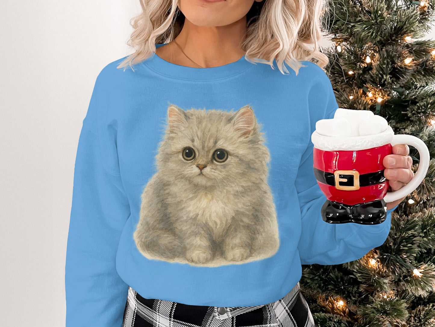 Cute Fluffy Cat on Blue Sweatshirt Christmas Product
