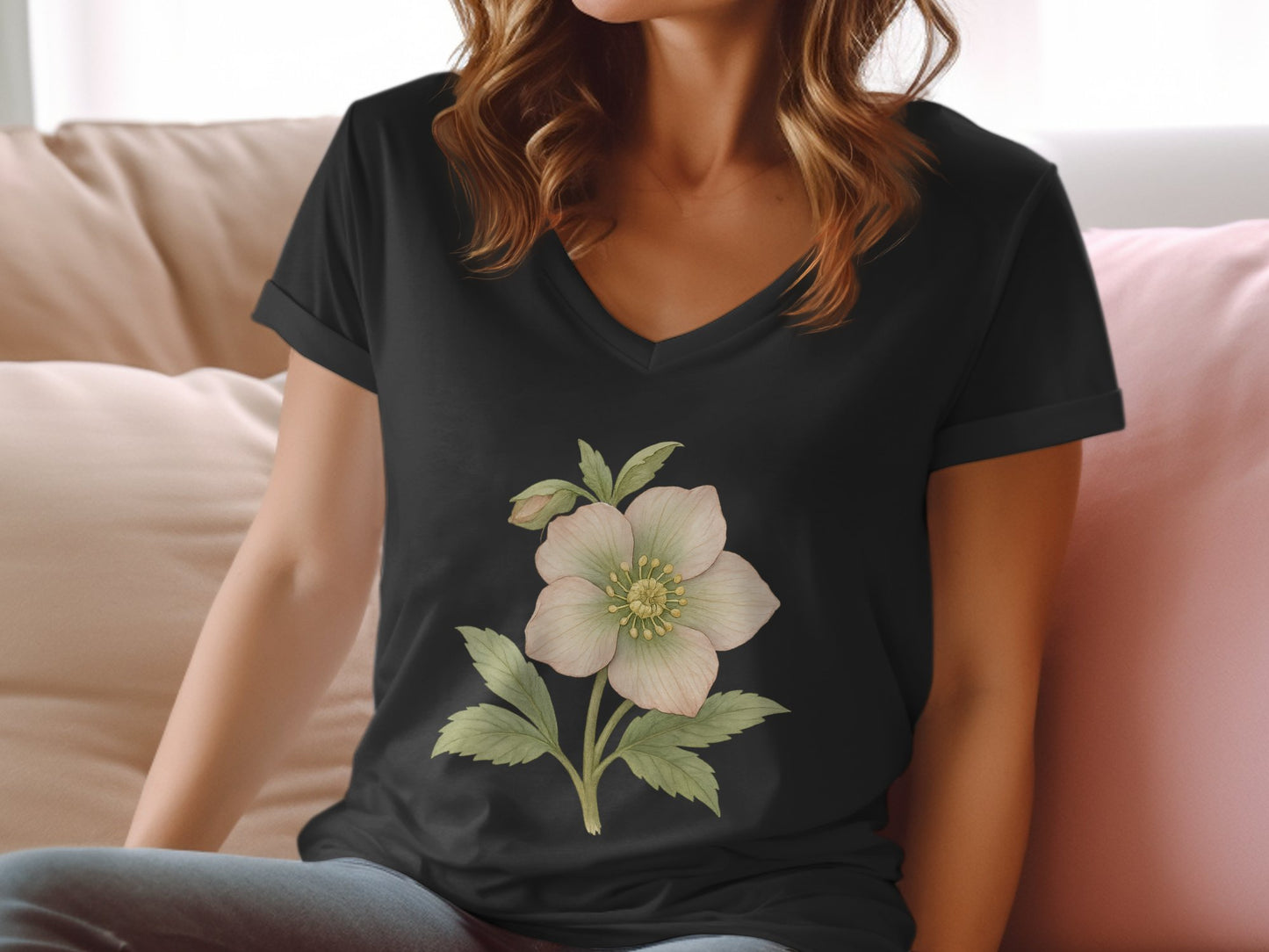 Floral Printed Black V-Neck Short Sleeve Shirt product