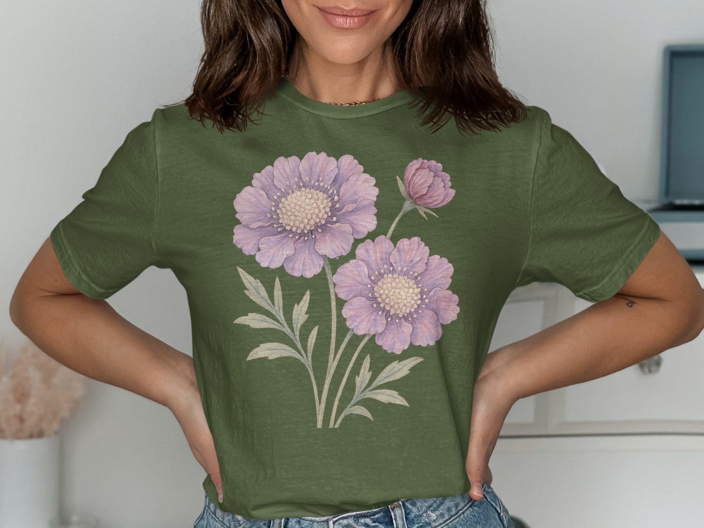 Beautiful Purple Flower Design on Green Shirt product type