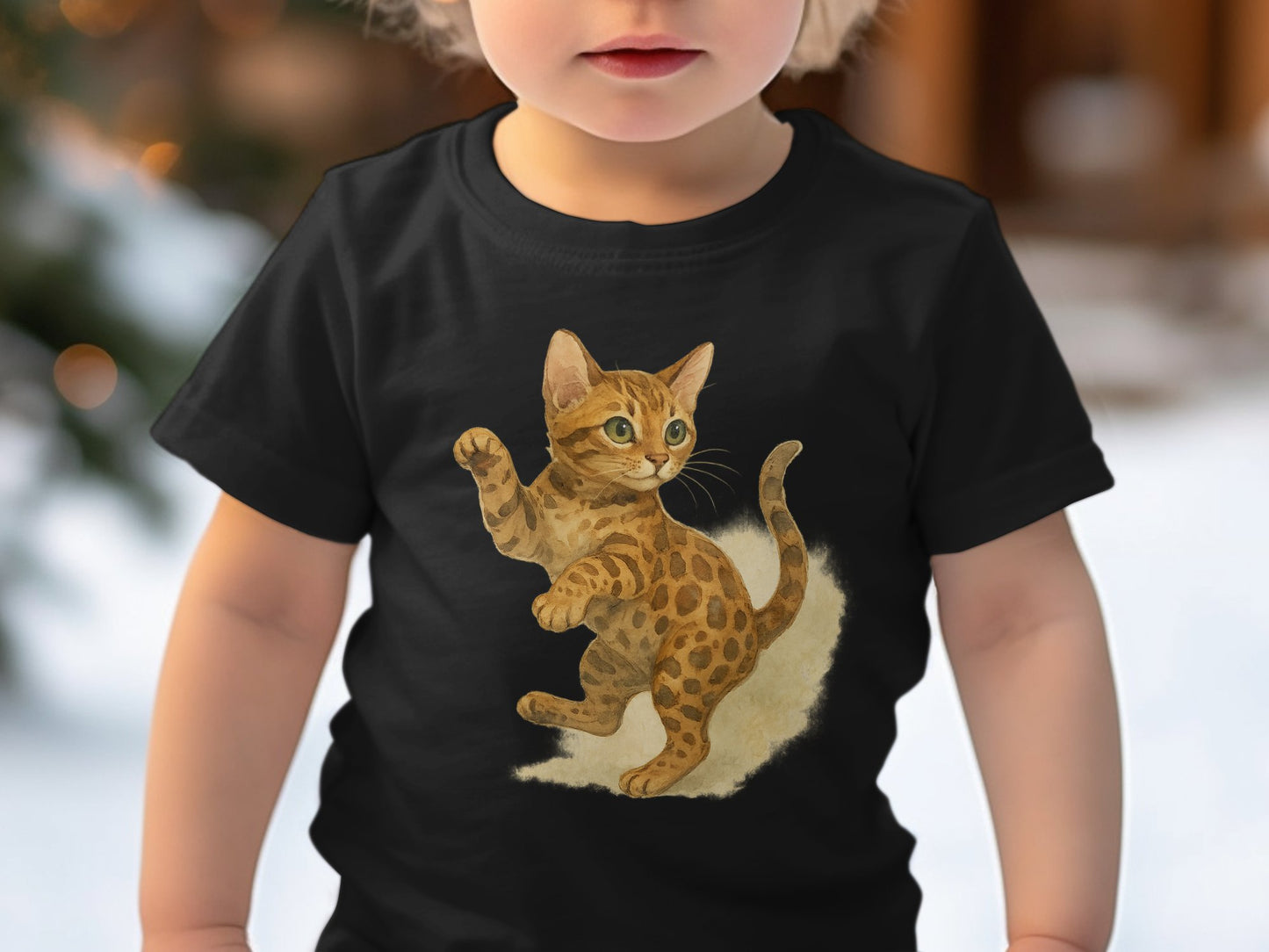 Cute Bengal Cat Design Black T-Shirt for Kids product