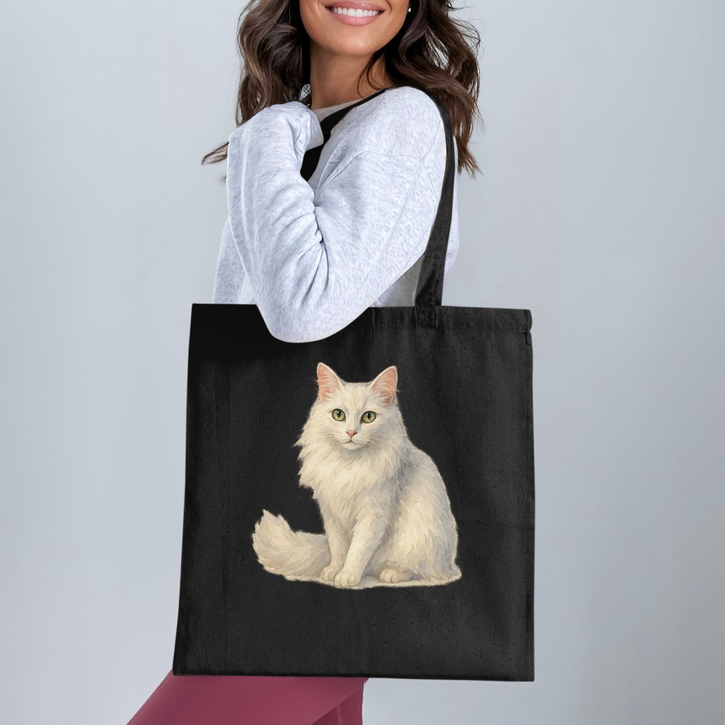 Stylish Black Tote Bag with Adorable Cat Graphic product
