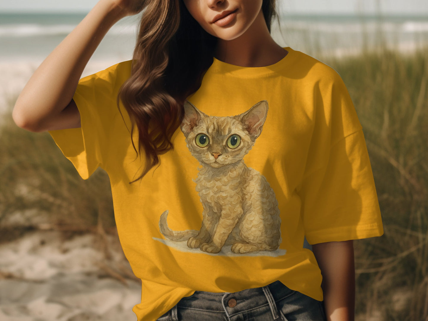 Cute Cat Art Graphic on Yellow T-shirt product type