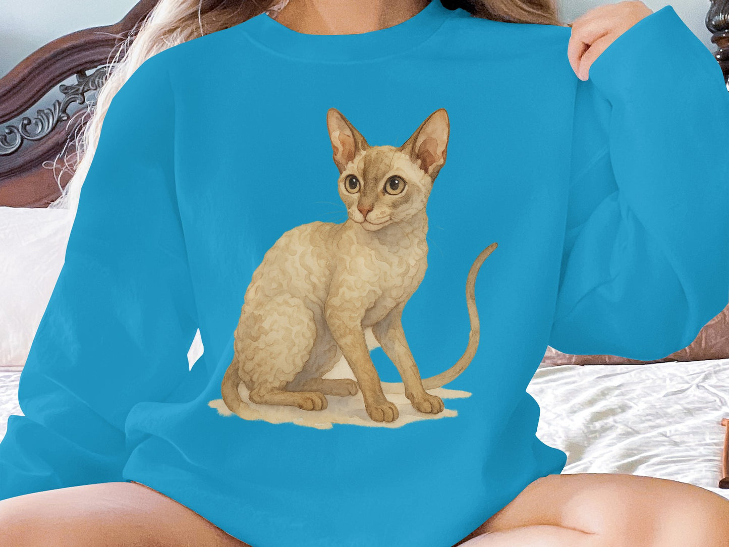 Cute Sitting Cat Print on Blue Long Sleeve product