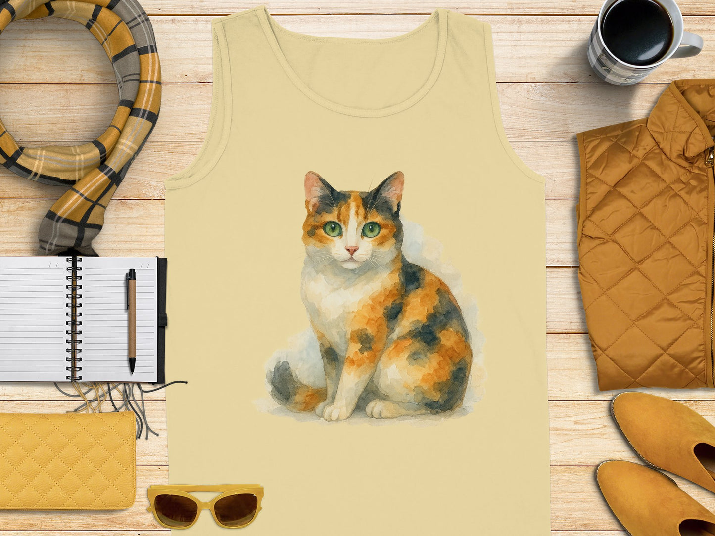Cute Cat Illustration on Beige Tank Top product type