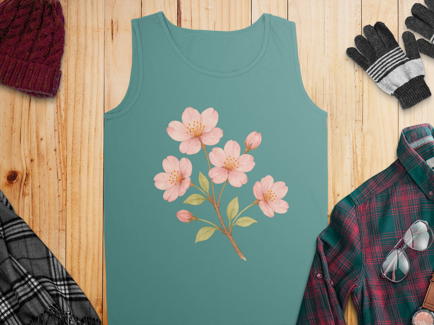 Floral Design Teal Tank Top with Cherry Blossom product type