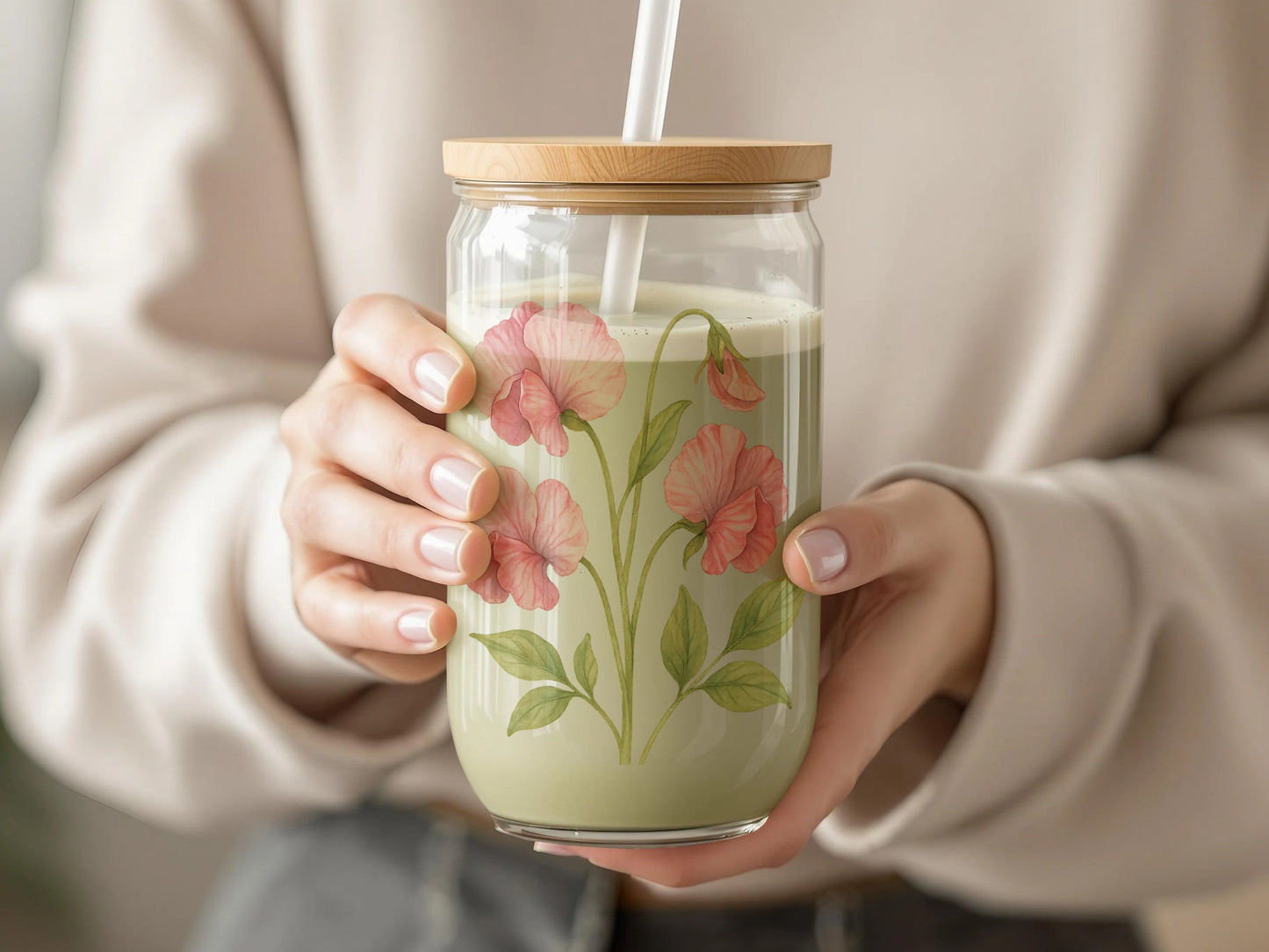 Floral Design Glass Jar for Beverages or Storage product