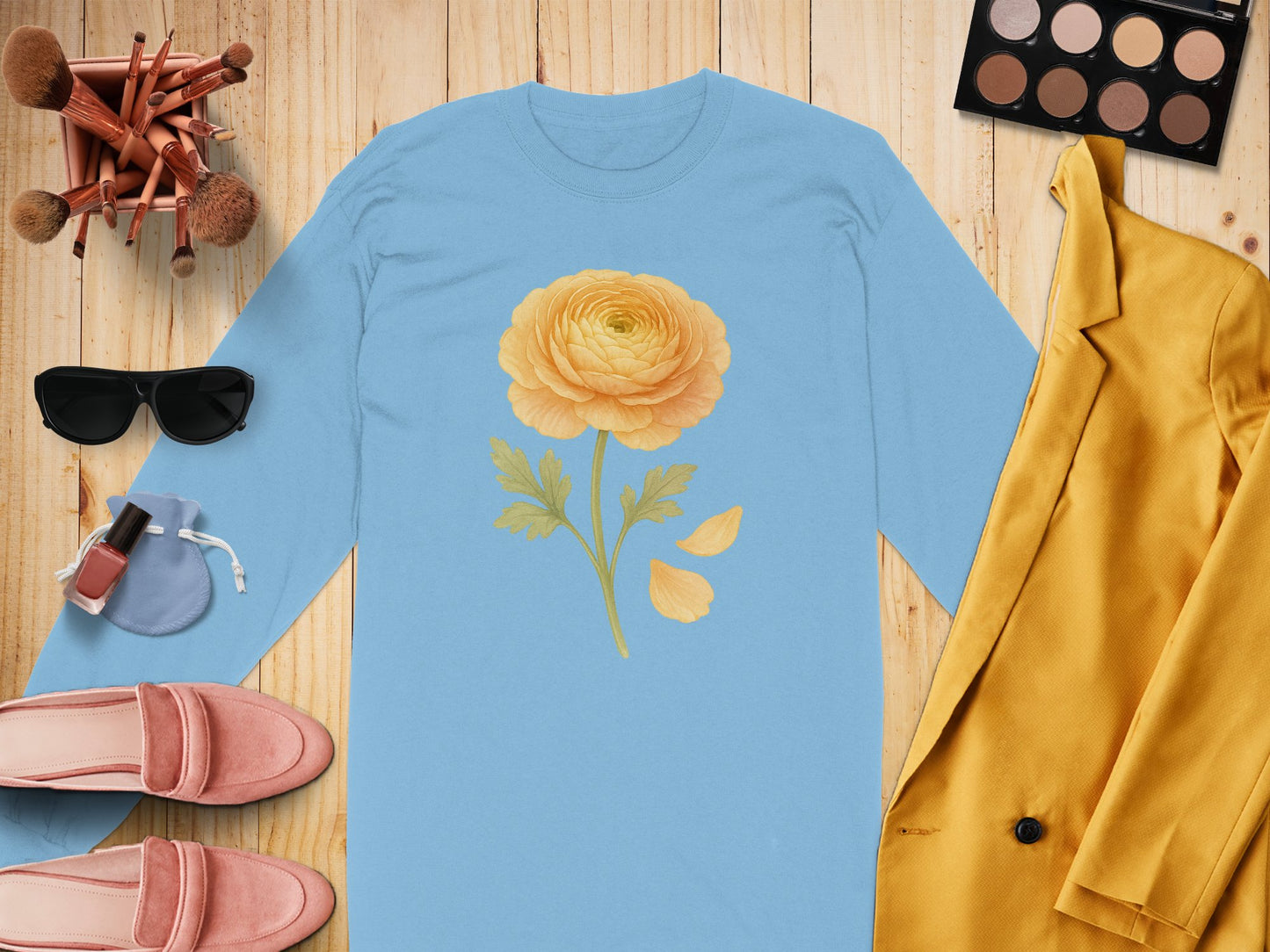 Blue Shirt Featuring Yellow Rose Design product type