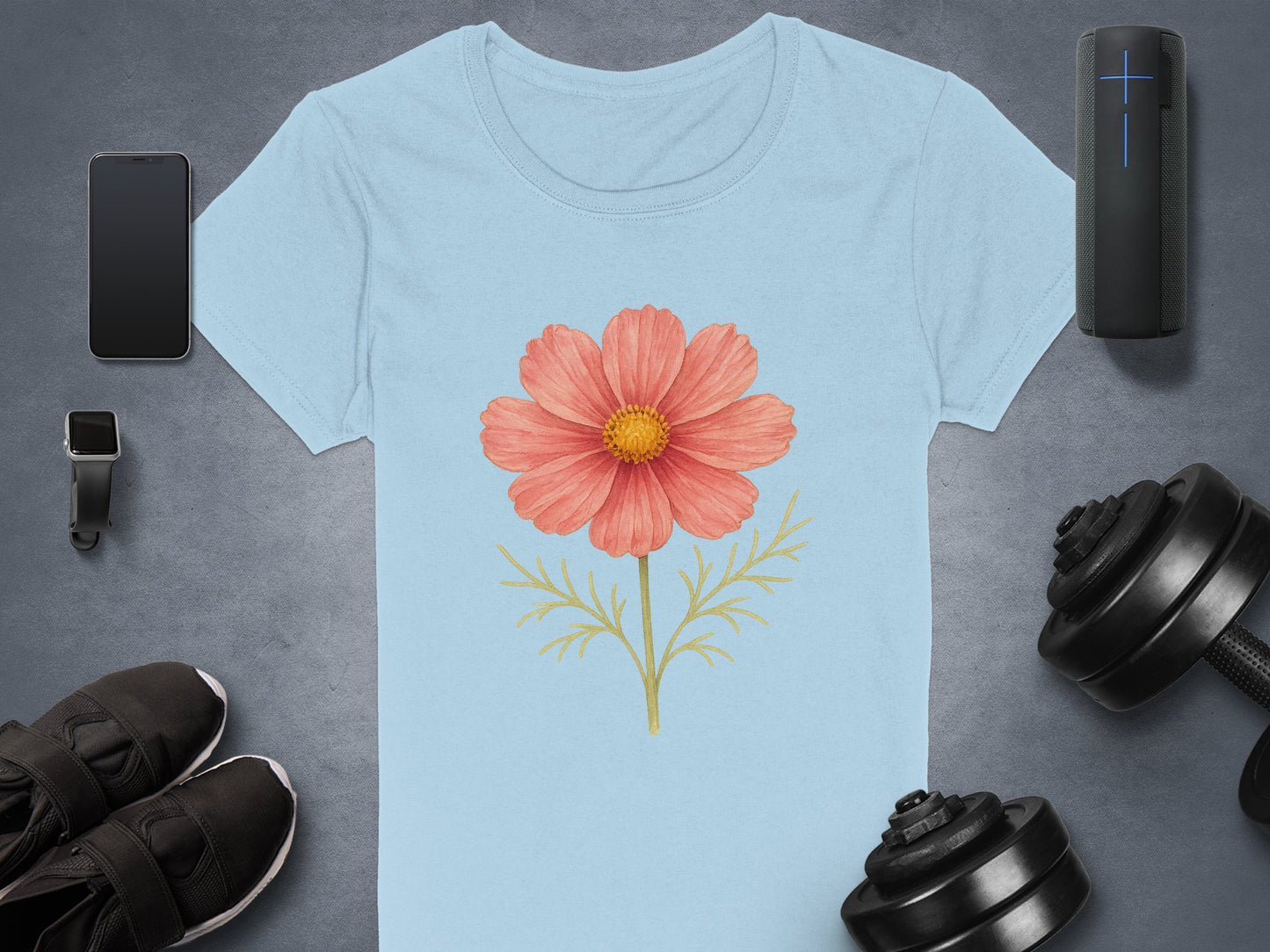 Beautiful Pink Flower Graphic on Light Blue T-shirt product