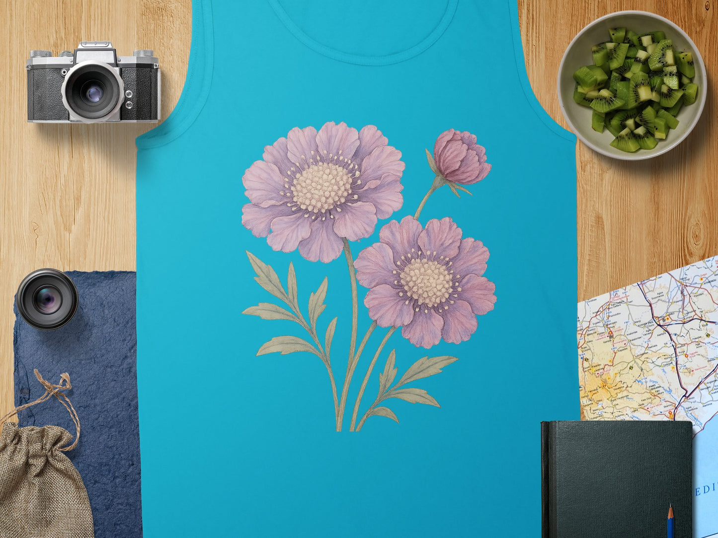 Bright Blue Tank Top with Purple Floral Design product type