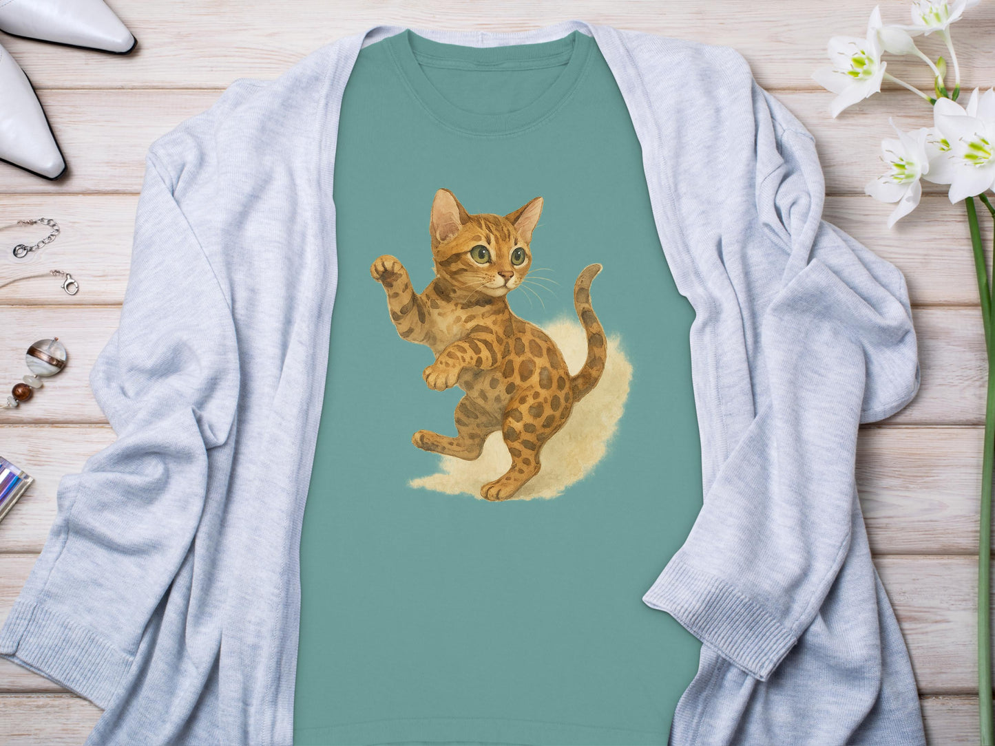 Cute Playful Kitten Design Teal Unisex Shirt product