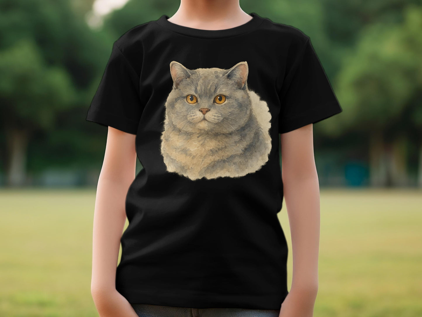 Realistic Gray Cat Print on Black for Kids T-Shirt product