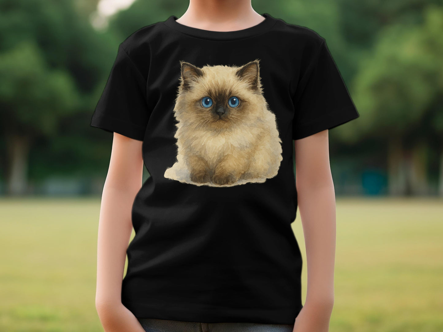 Cute Fluffy Cat Design on Black T-Shirt product type