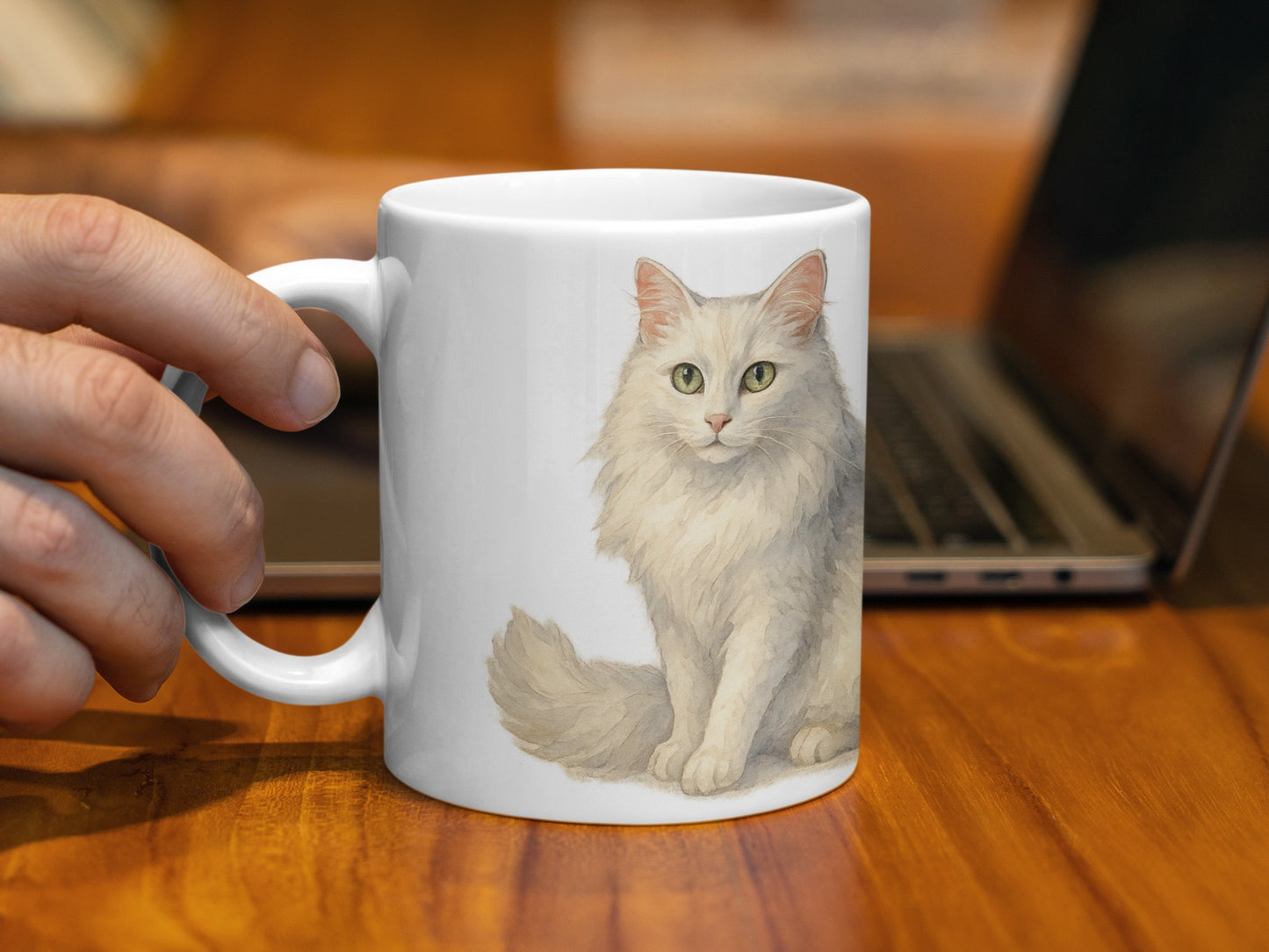 White Long Haired Cat Illustration Mug product