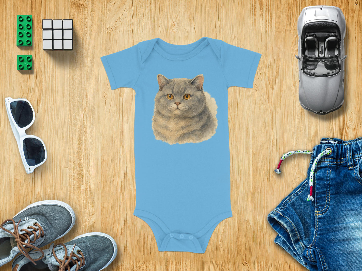 Cute Blue Onesie with Cat Print Baby Clothing Product