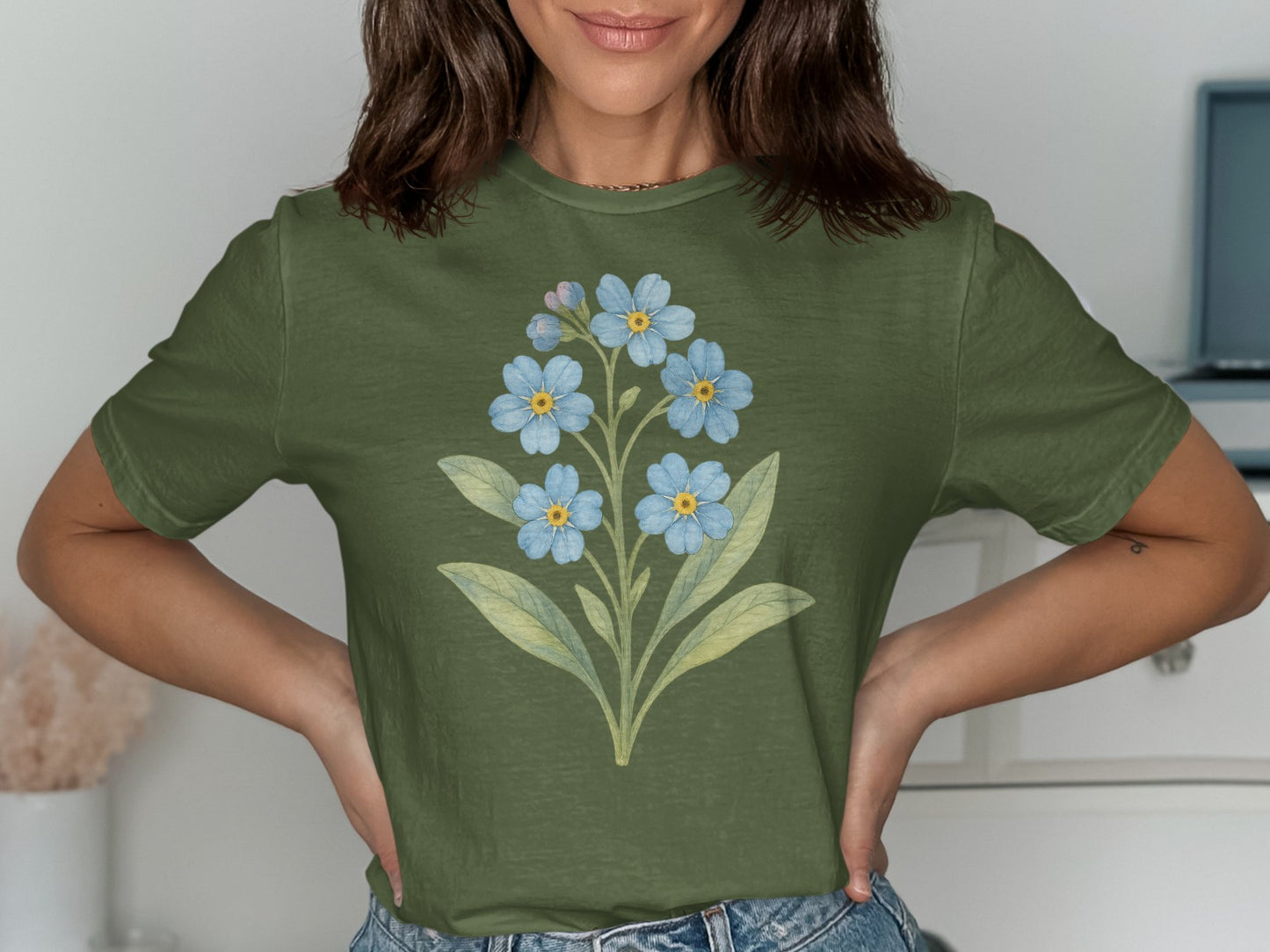Green Shirt with Delicate Blue Flower Design product type