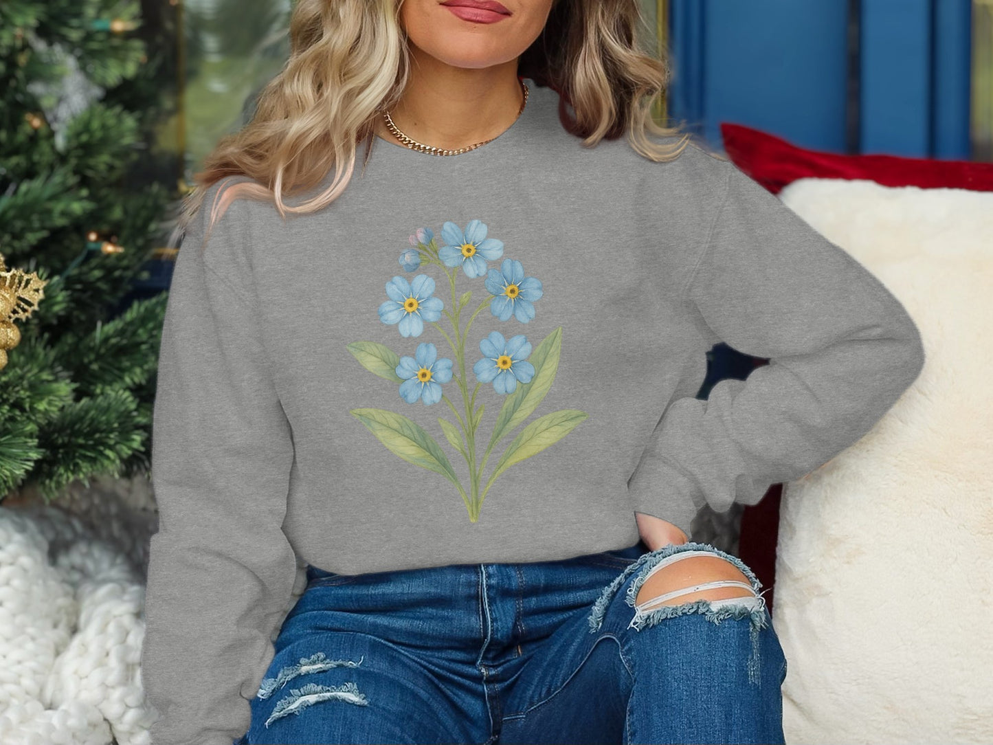 Cozy Gray Sweatshirt with Blue Floral Design product