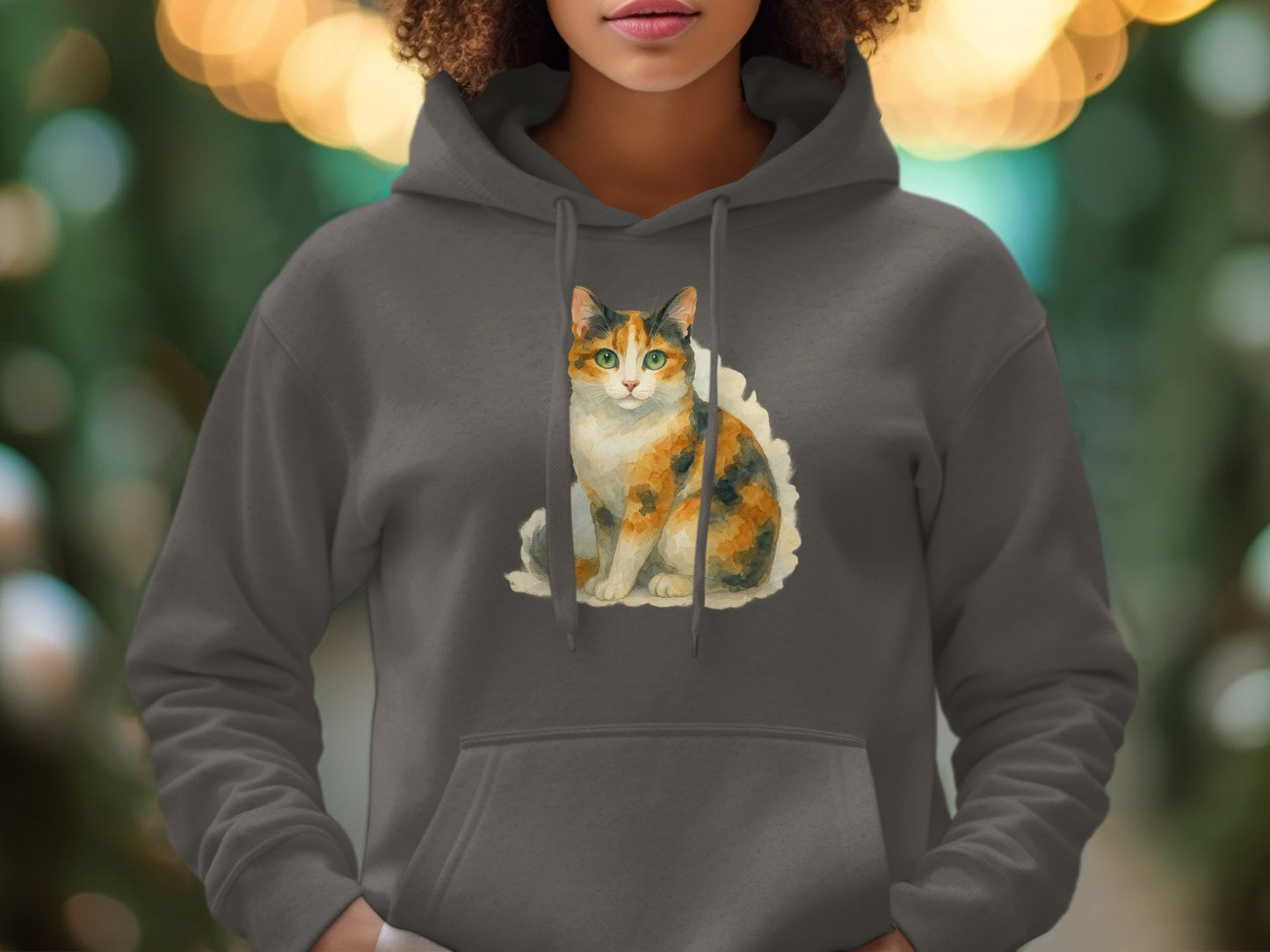 Cozy Gray Hoodie Featuring Calico Cat Design product type