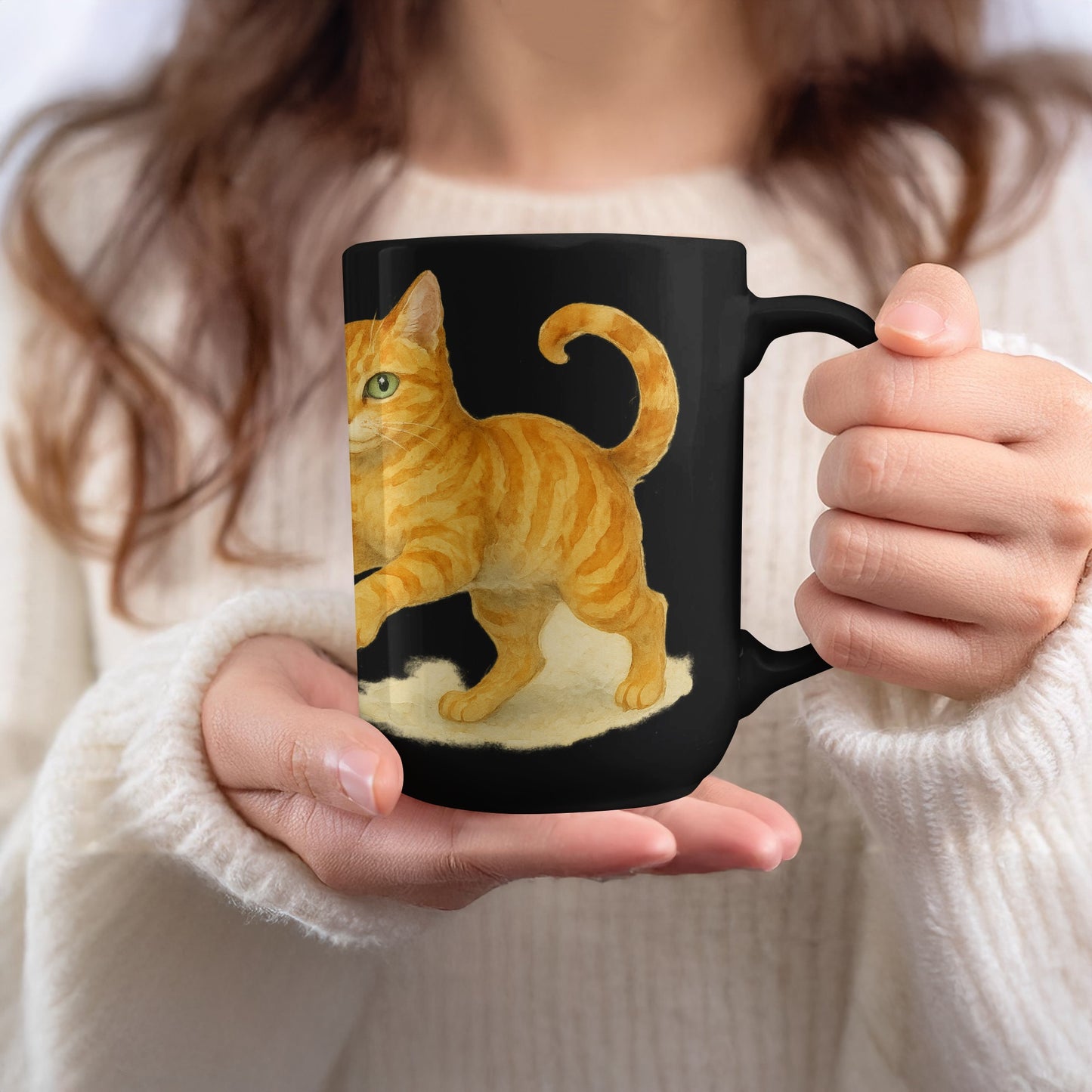 Adorable Orange Cat Design Black Ceramic Mug product