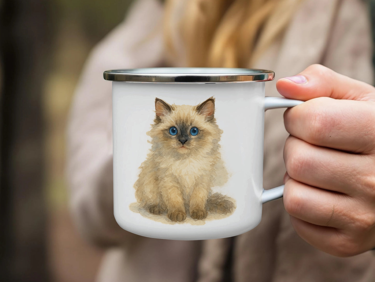 Cute Fluffy Kitten Illustration on Metal Mug product