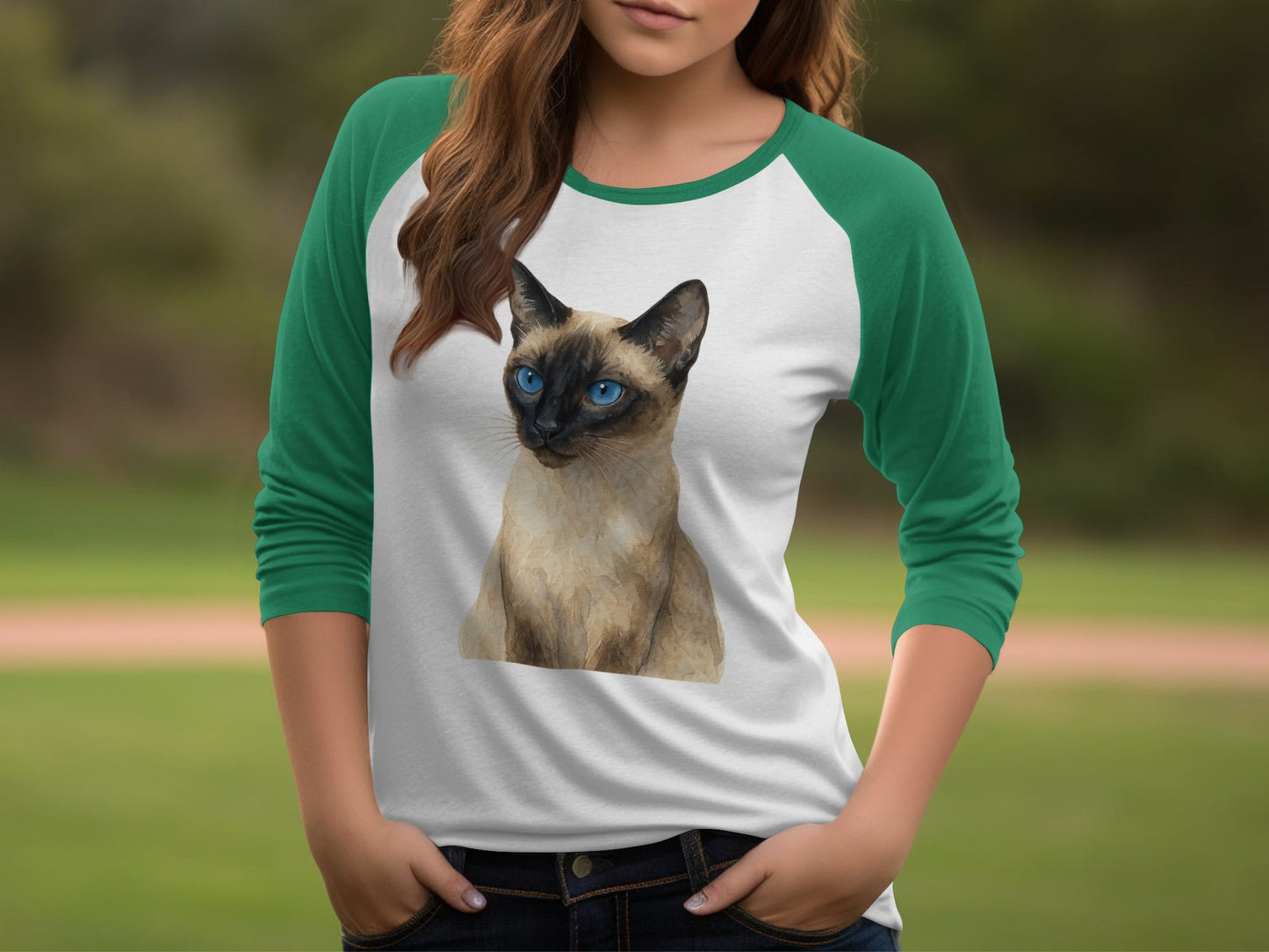 Green Sleeve White Shirt with Blue Eyes Cat Print product type