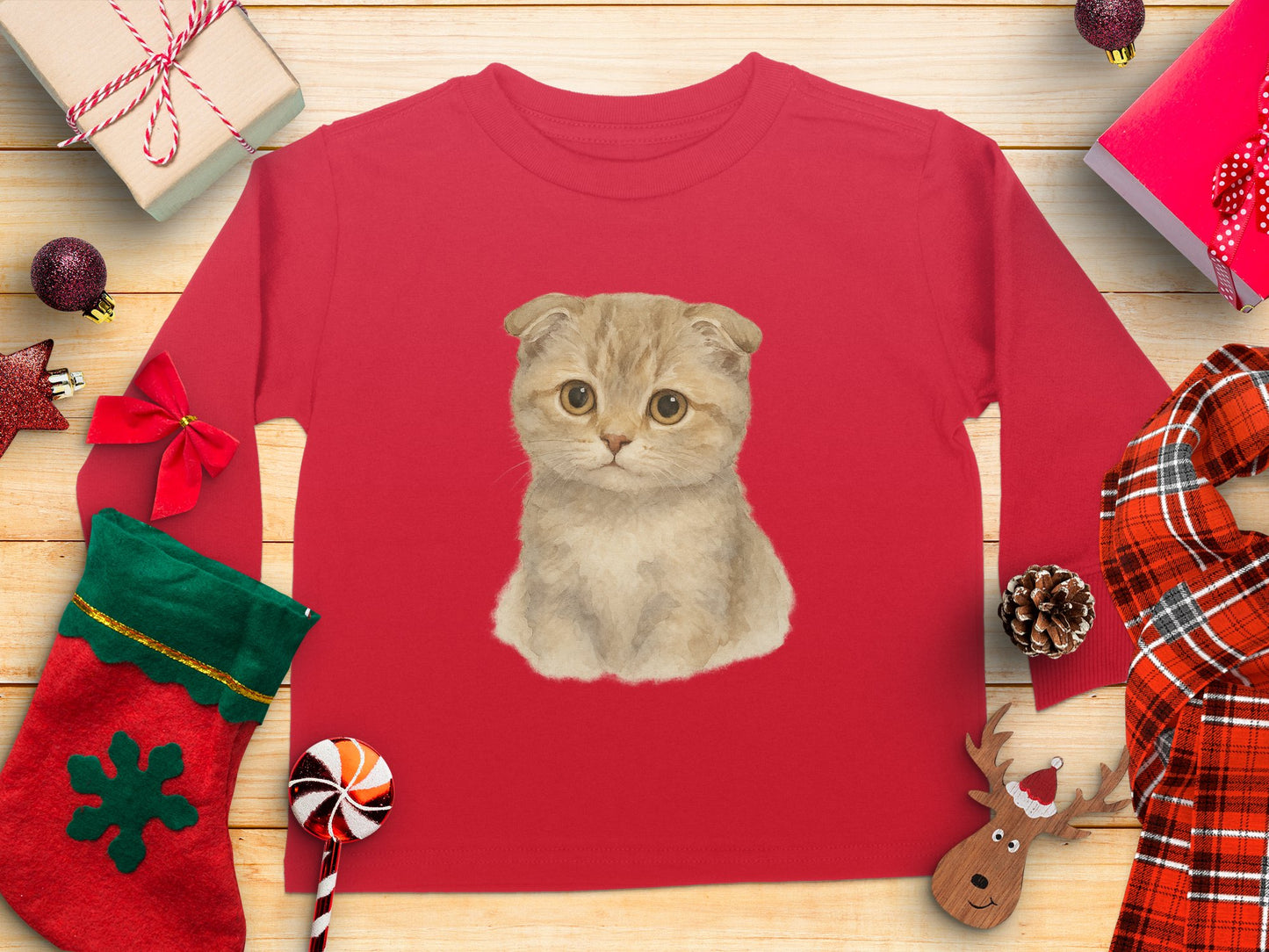 Cute Cat Graphic Red Long Sleeve Shirt product