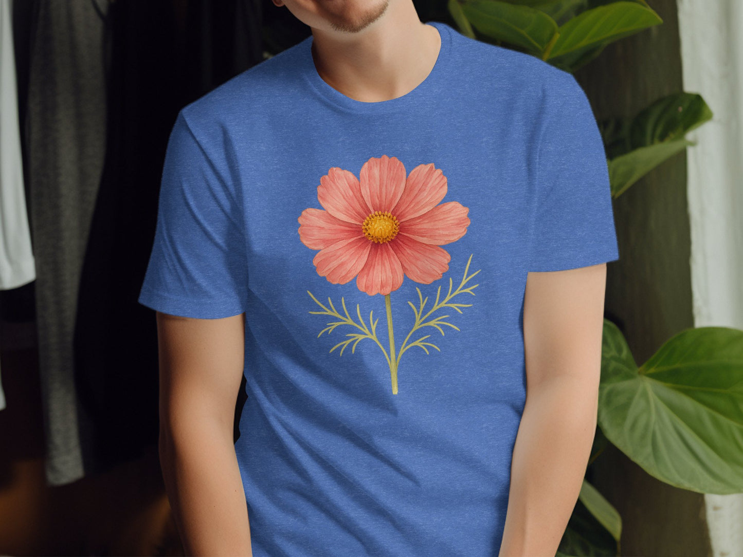 Bright Pink Flower Printed Blue T-Shirt product type
