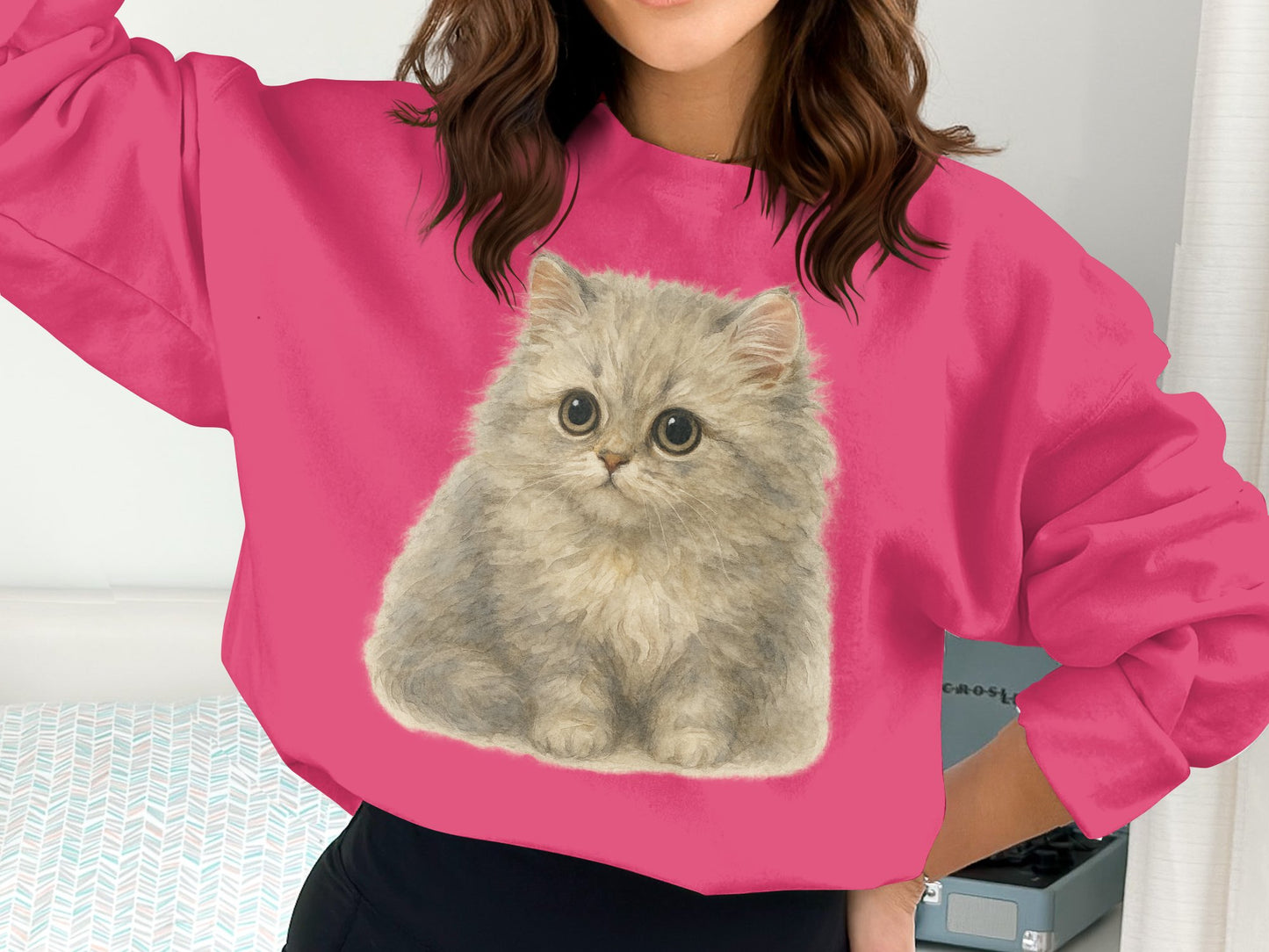 Cute Fluffy Kitten Illustration on Pink Sweatshirt product type