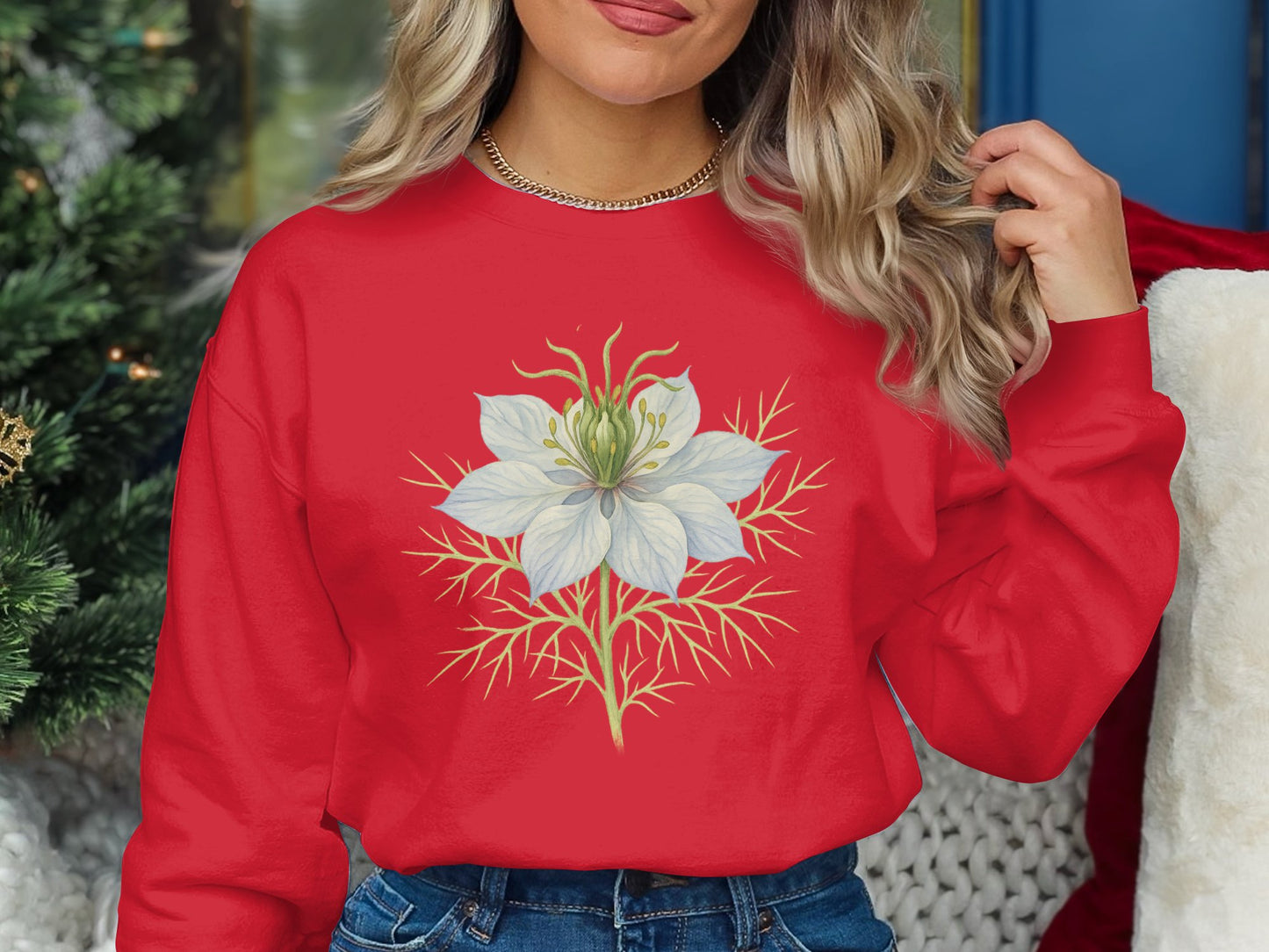 White Floral Print on Red Long Sleeve Shirt product type