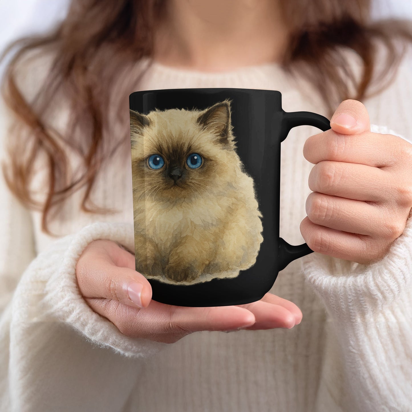 Cute Blue-Eyed Kitten Design Black Mug product type
