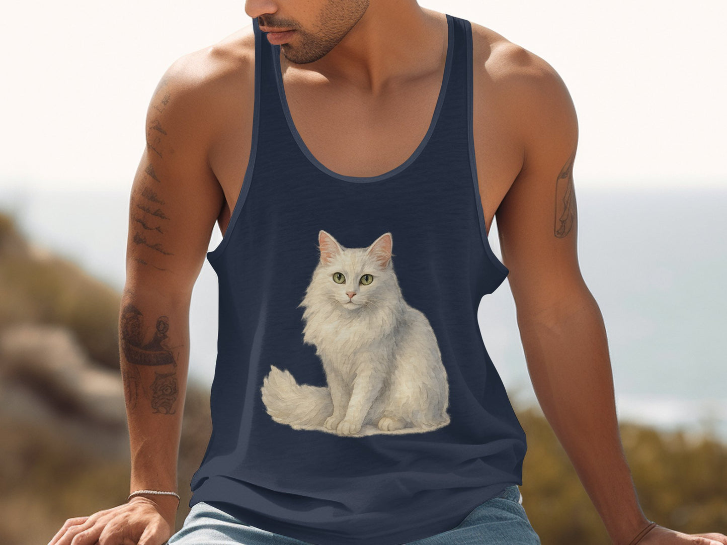 White Cat Print on Blue Tank Top product
