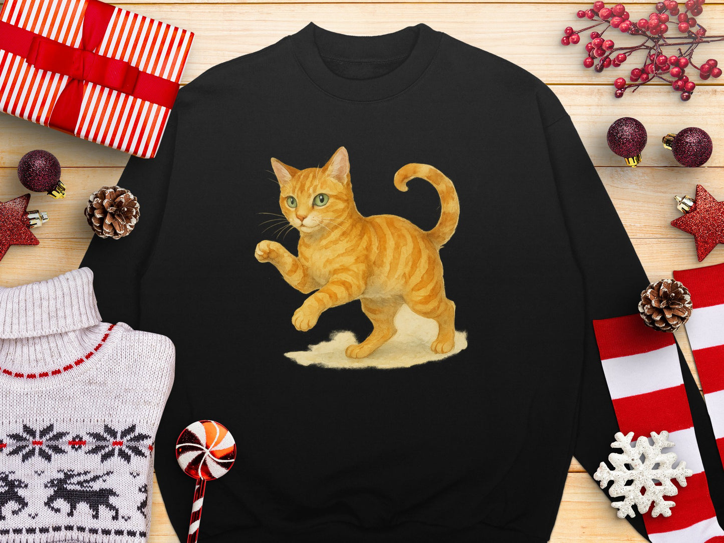 Festive Holiday Cat Design Perfect For Cozy Sweatshirt