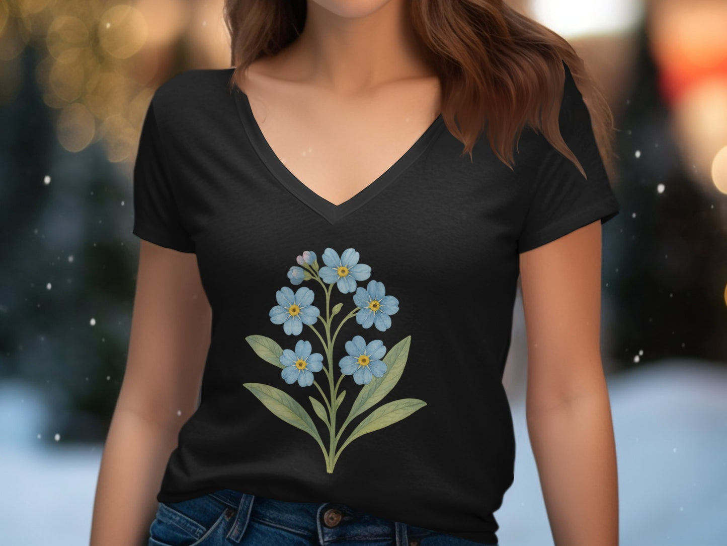 Stylish V Neck Black T-Shirt with Floral Graphic Product