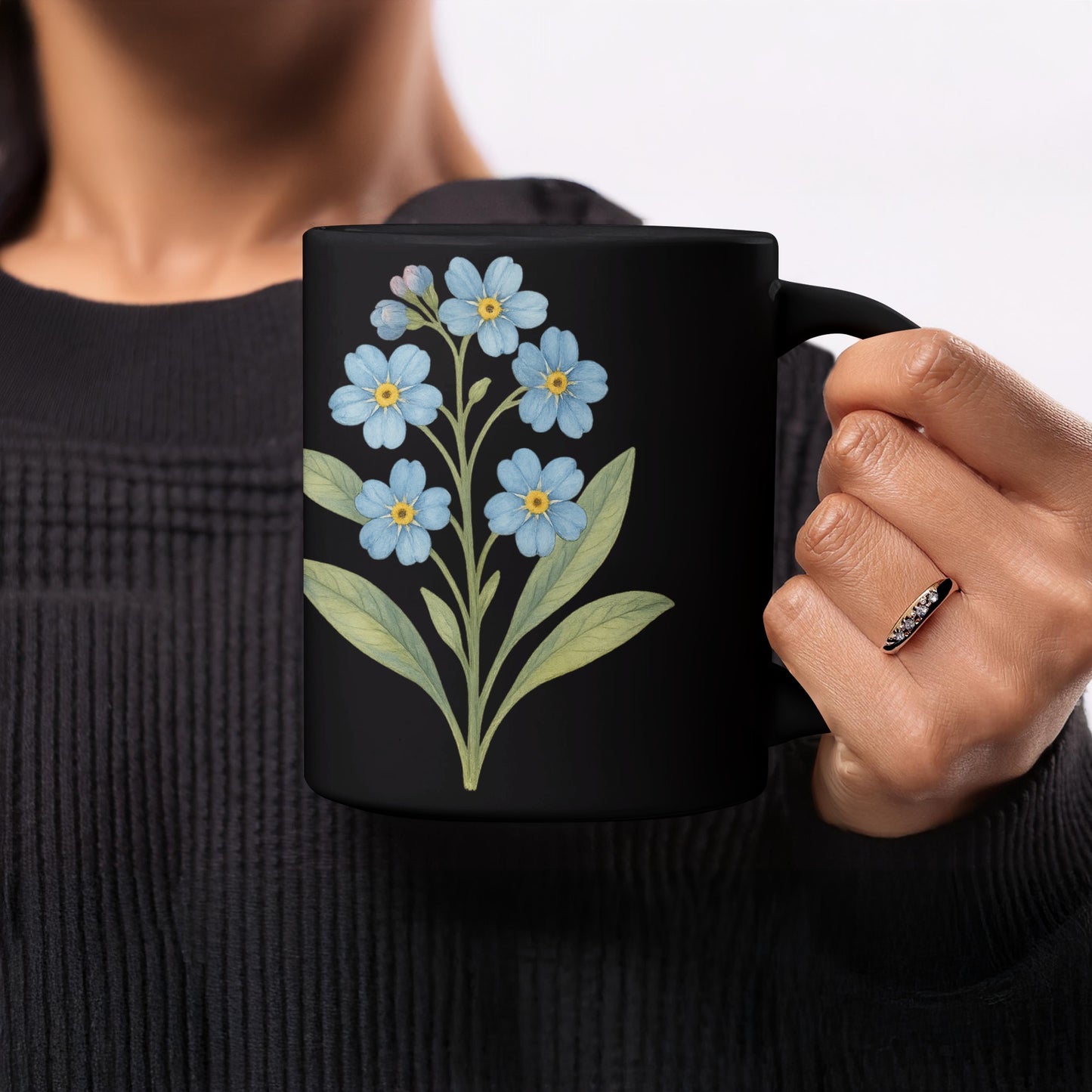 Elegant Black Mug with Blue Floral Design product type