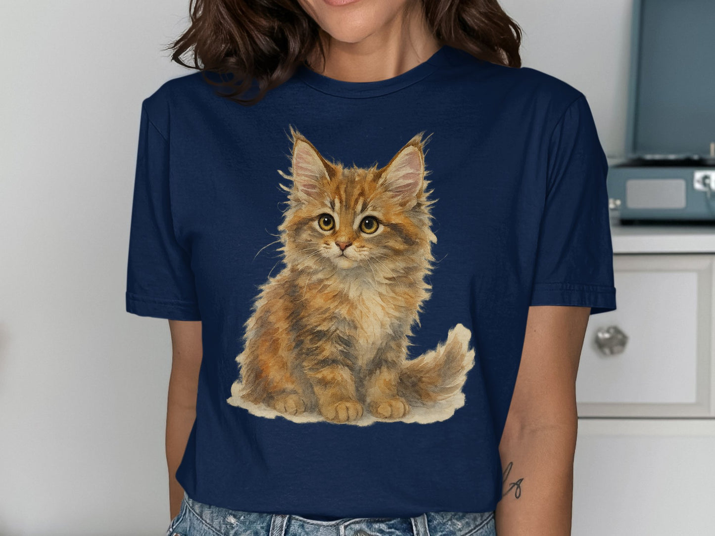 Cute Fluffy Kitten Print Blue T-shirt product type