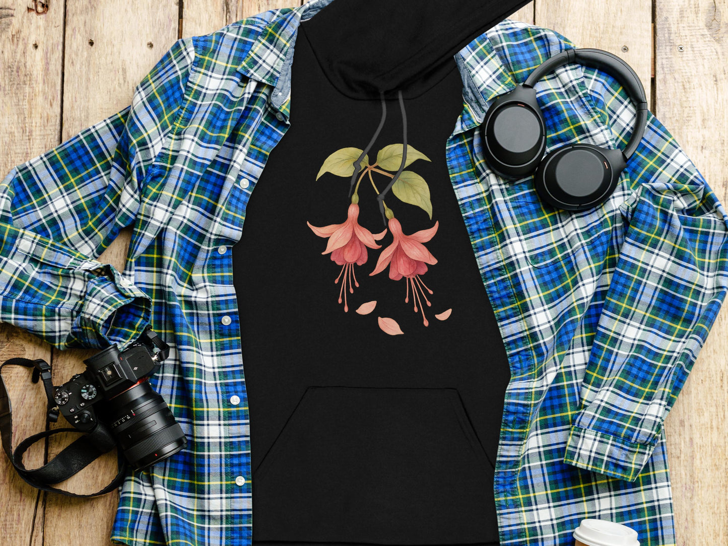 Black Hoodie with Pink Flower Design product type
