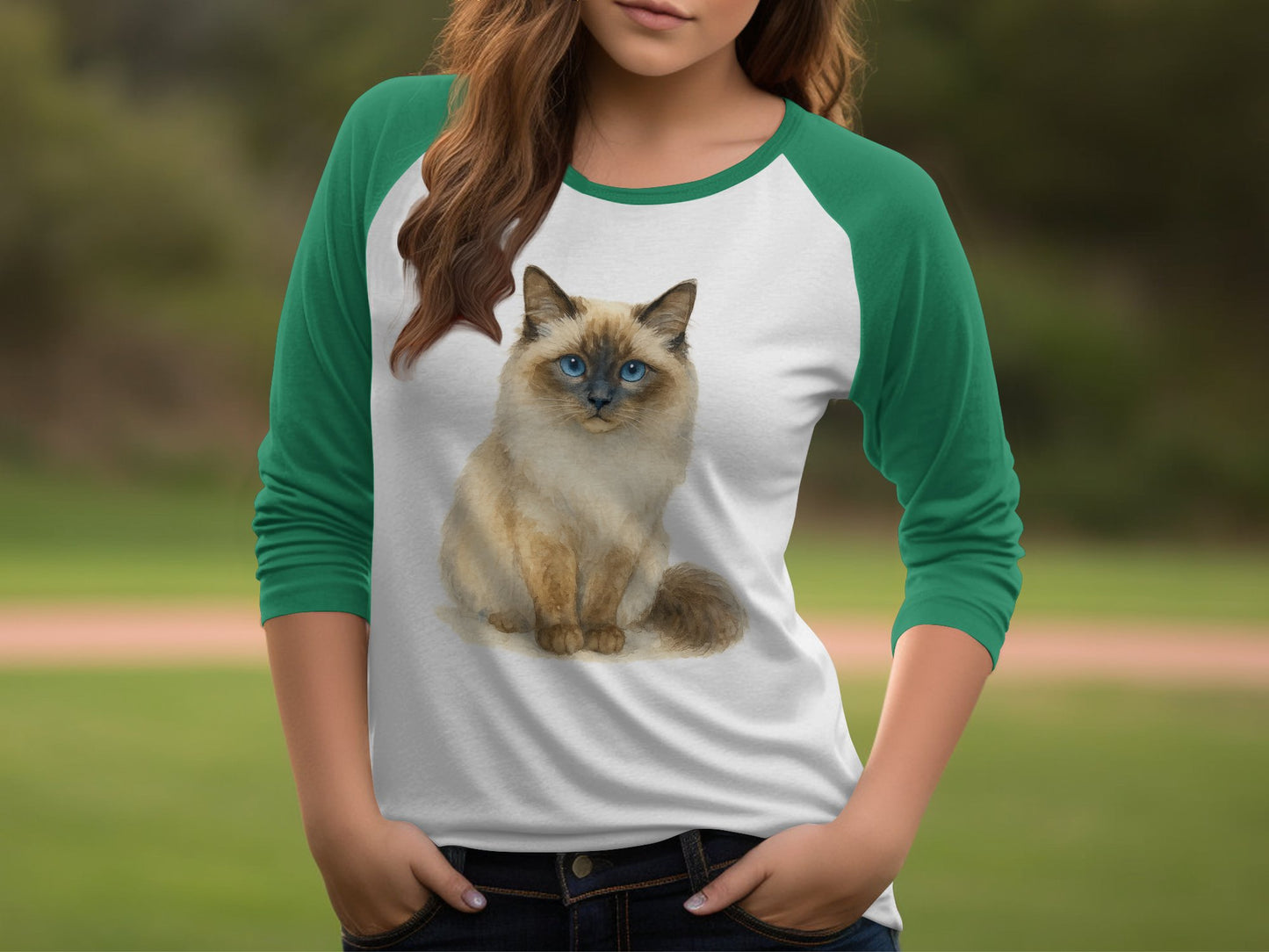 Adorable Blue-eyed Cat Green Sleeves Raglan Shirt product type