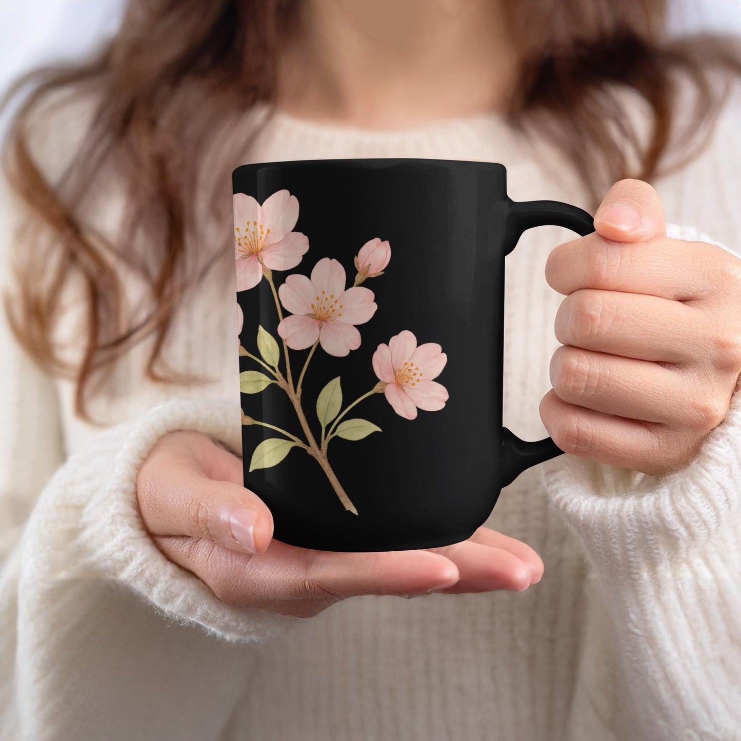 Floral Blossom Design on Black Ceramic Mug product