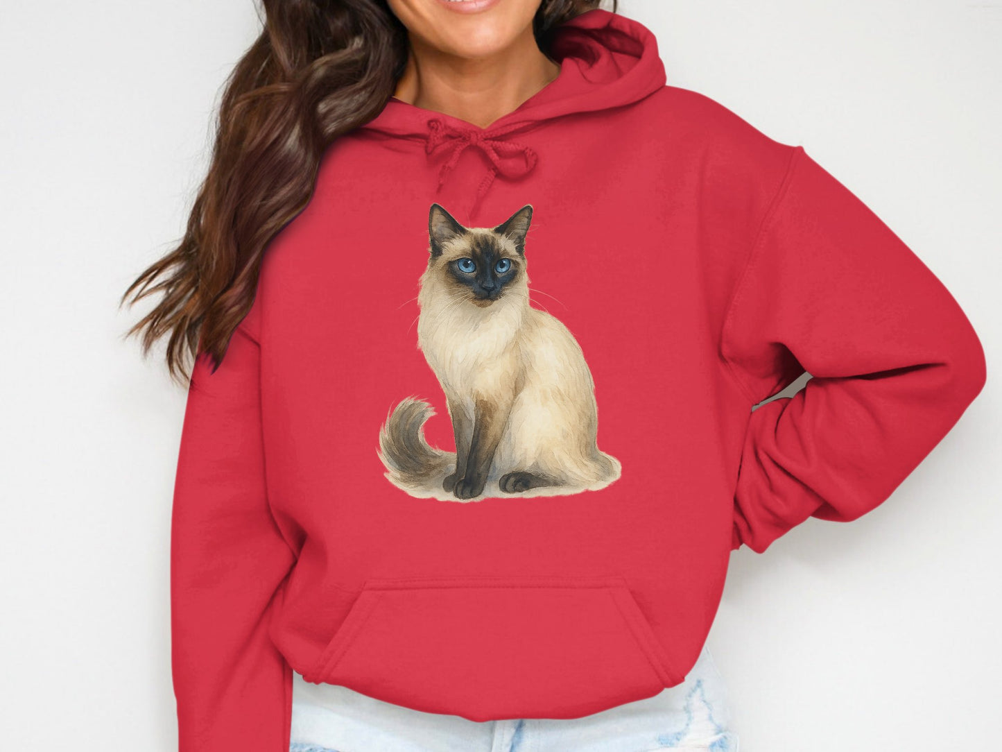 Cozy Red Hoodie with Adorable Siamese Cat Design product type