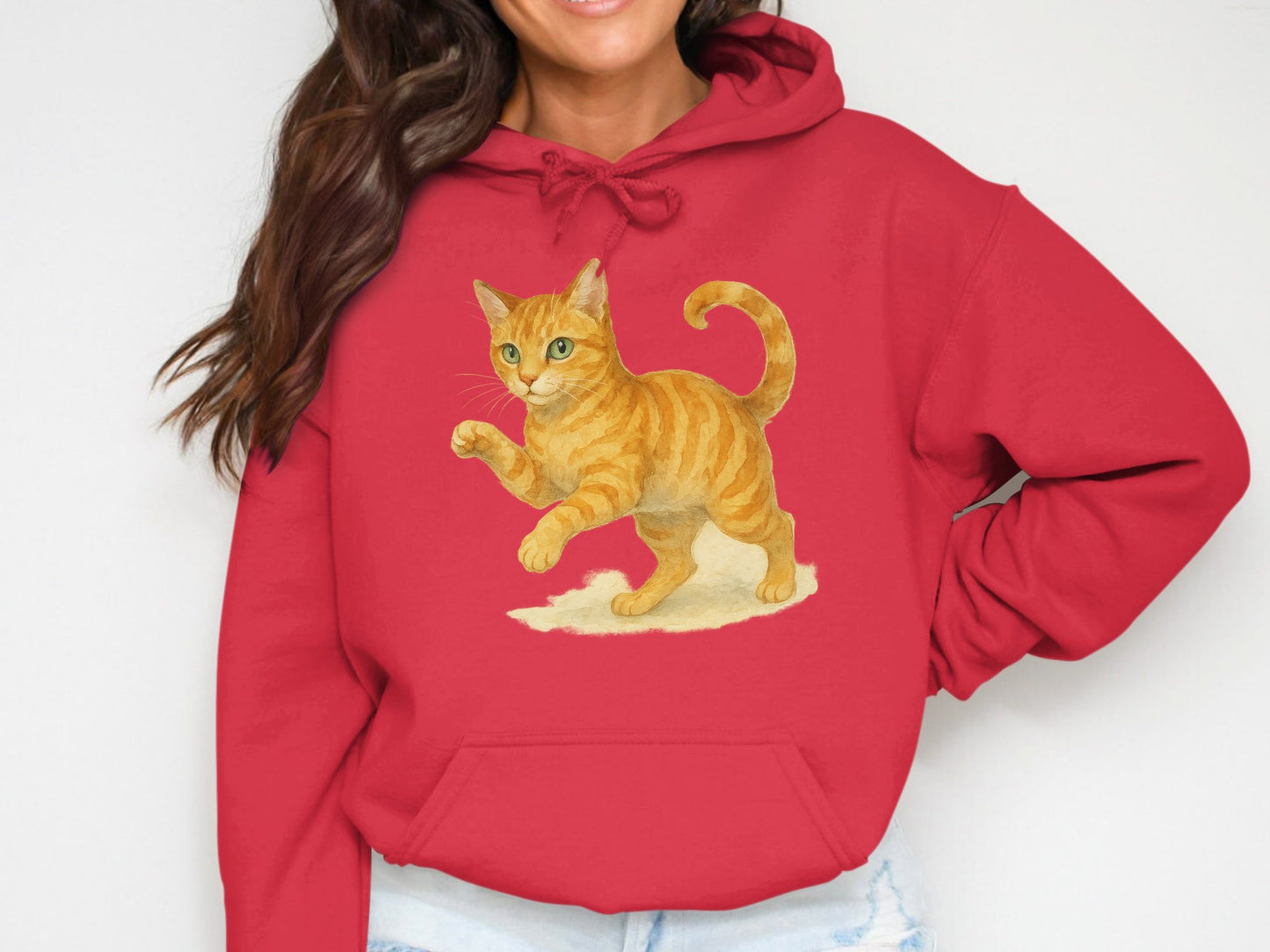 Orange Cat Printed Red Hoodie product