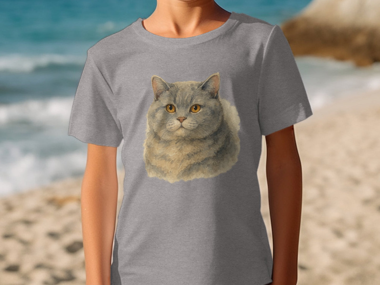 Cute Realistic Cat Face Graphic on Grey Shirt product type