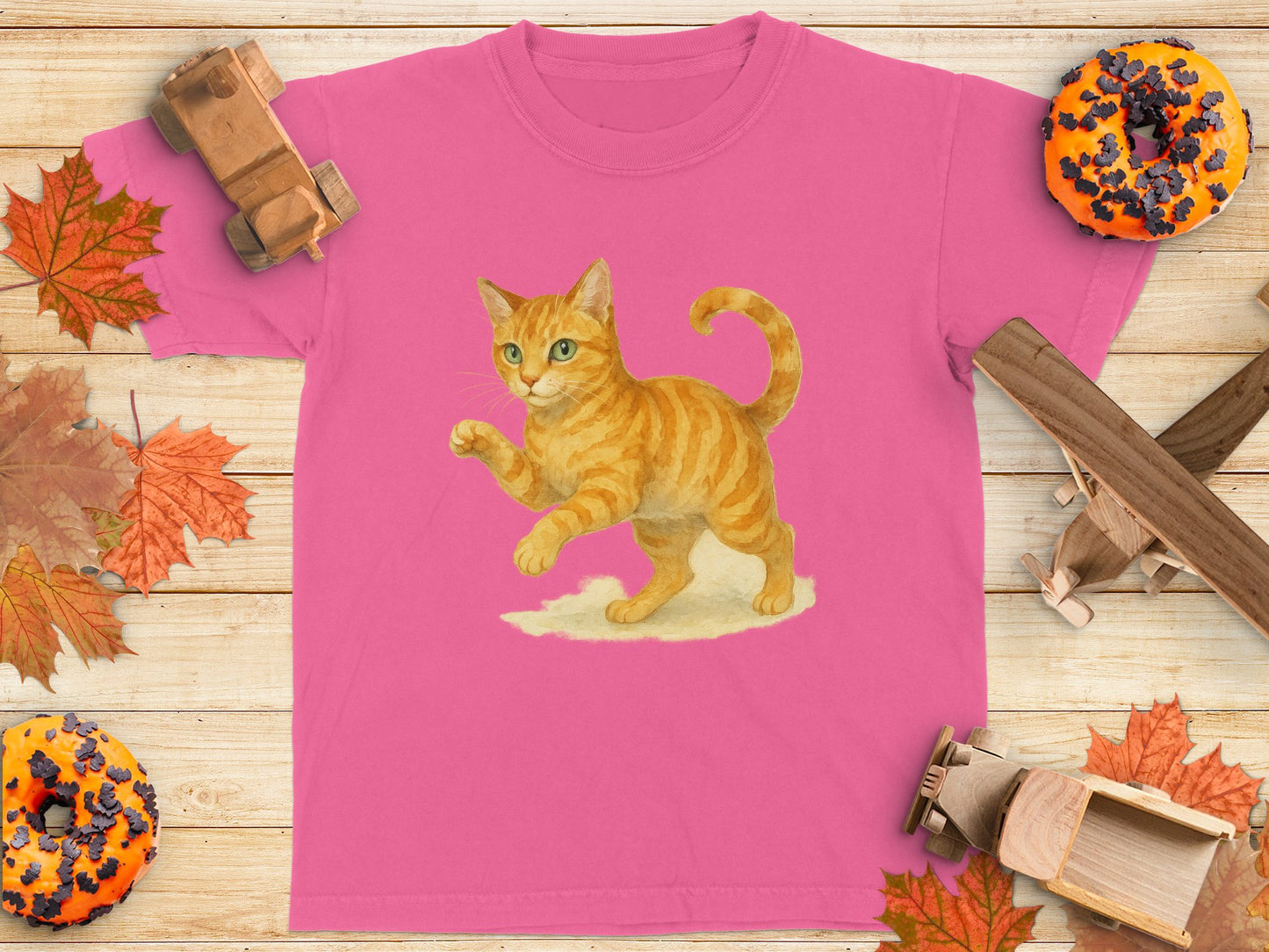 Cute Cat Illustration on Pink Tee Shirt product
