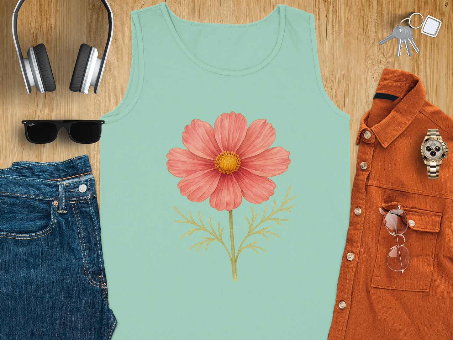 Beautiful Coral Flower Design On Mint Green Tank Top