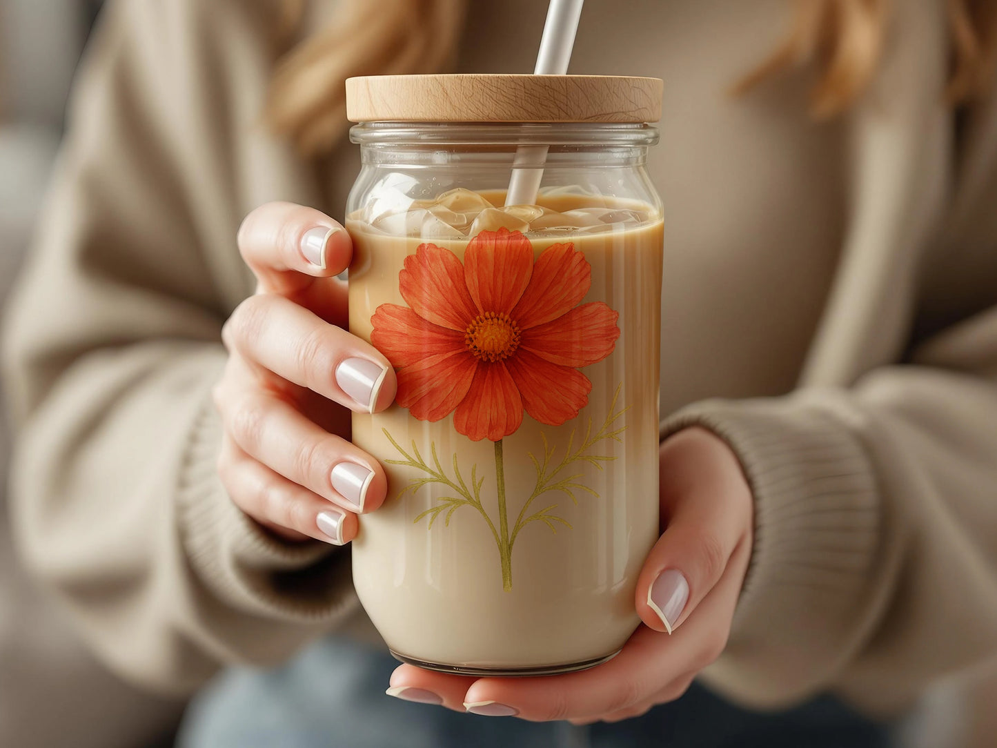 Stylish Floral Design Glass Jar with Straw product