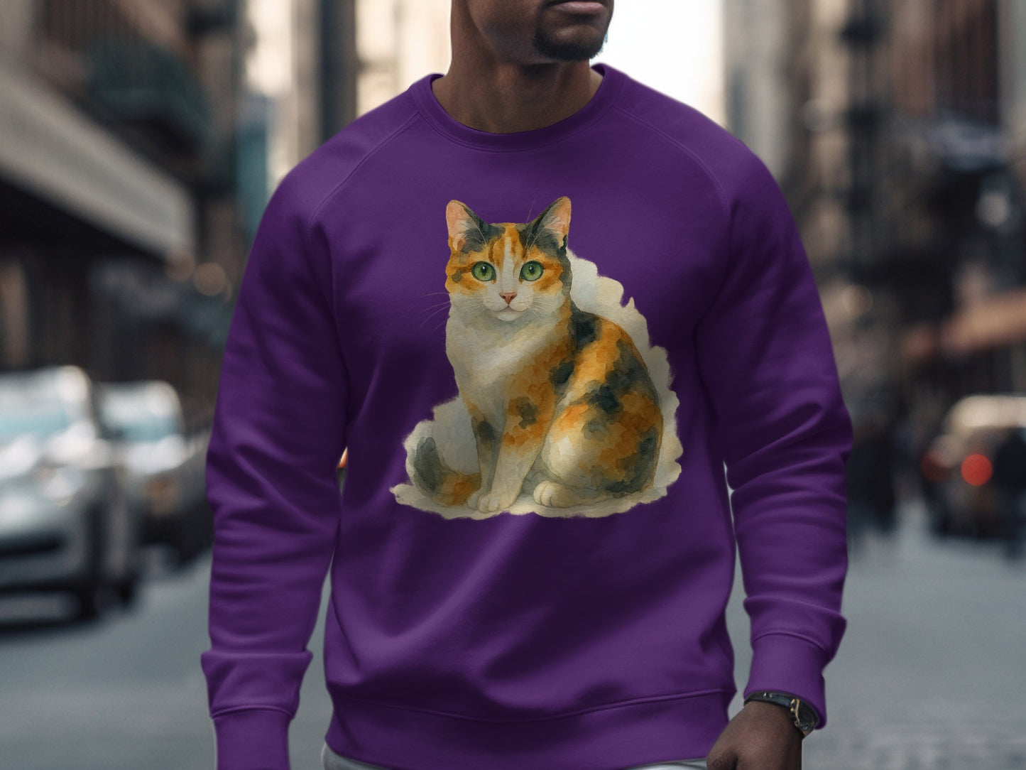 Vibrant Calico Cat Art Design on Purple Sweatshirt product