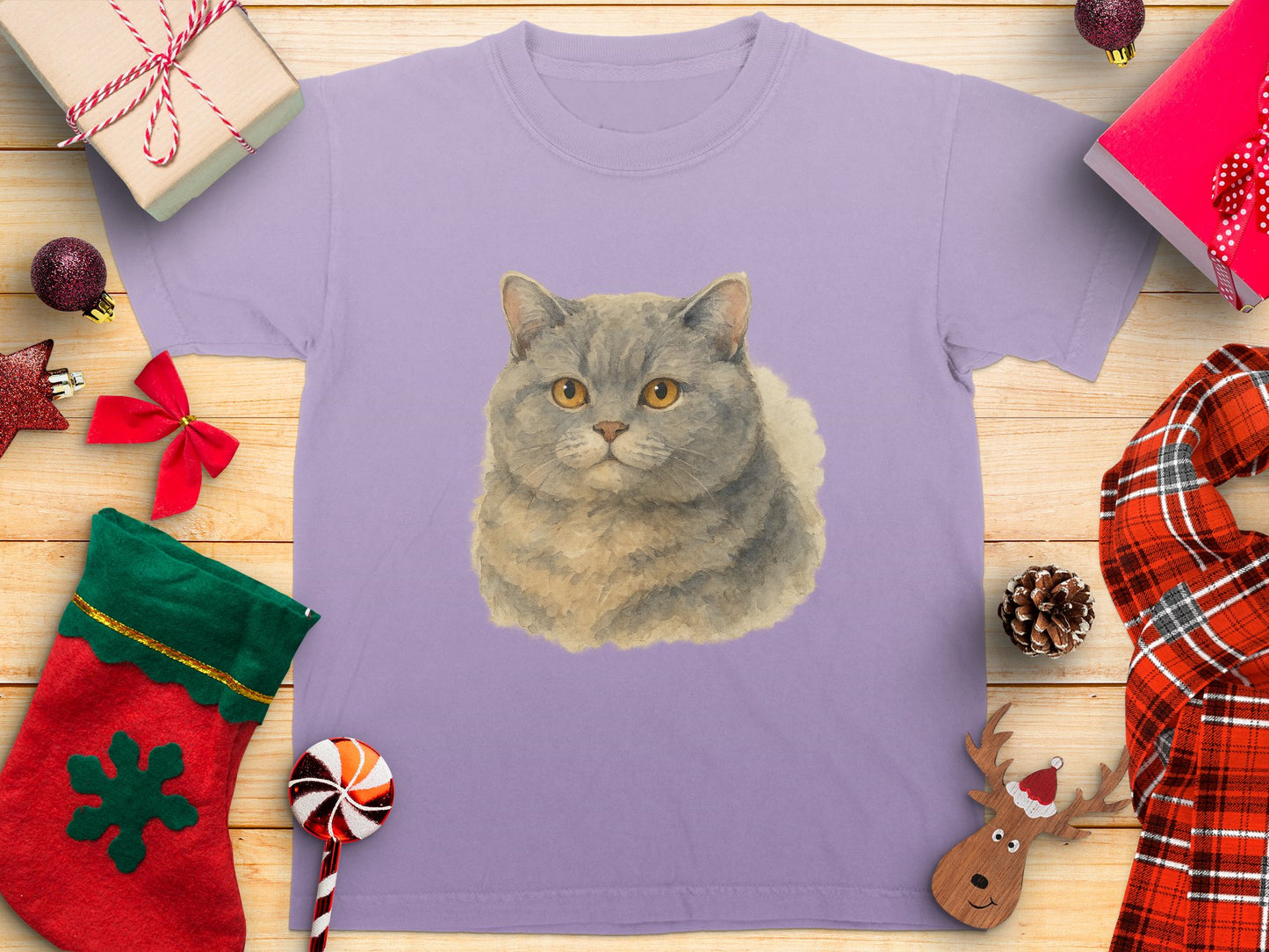 Cute Gray Cat Illustration on Lilac T-shirt product type