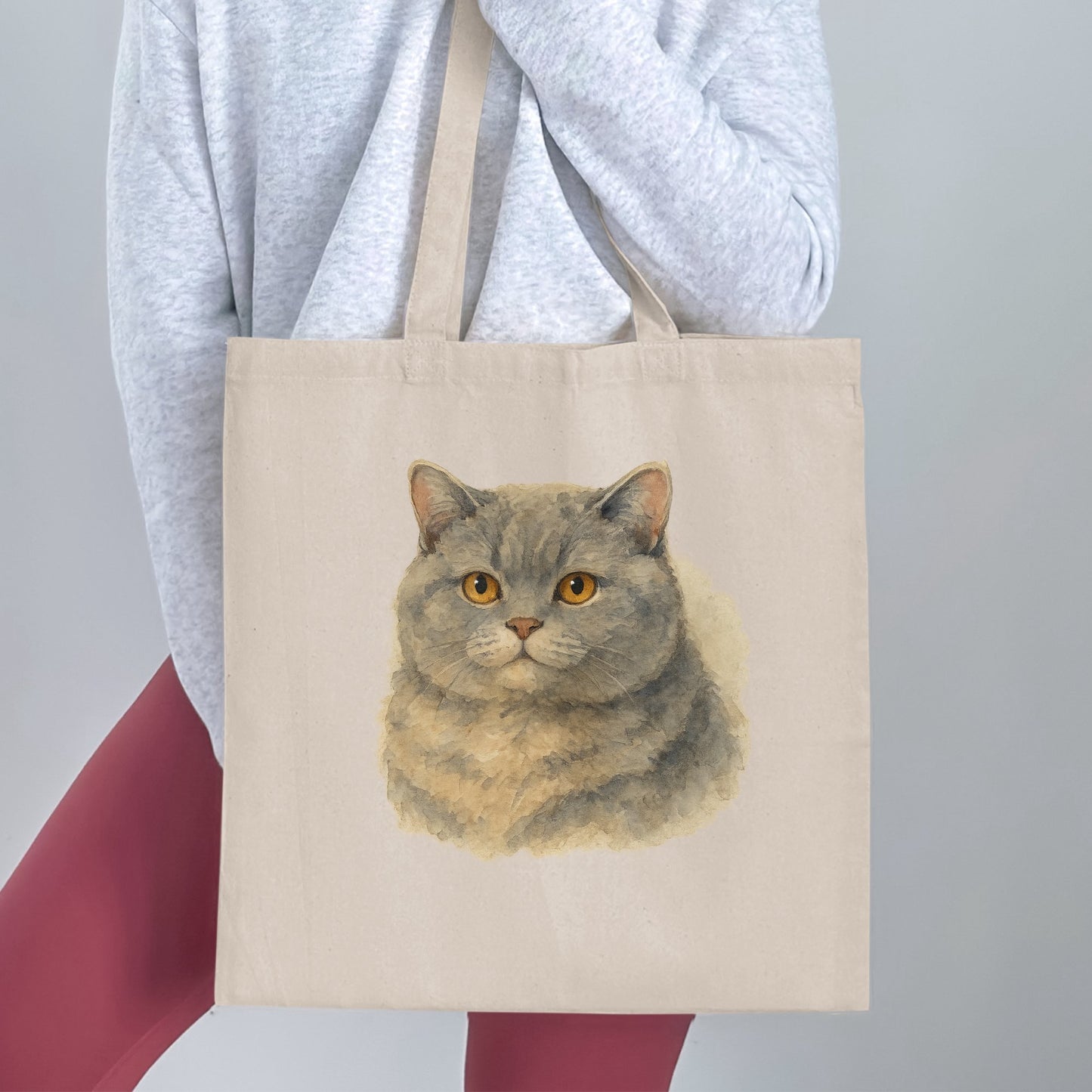 Cute Grey Cat Illustration on Beige Tote Bag product type