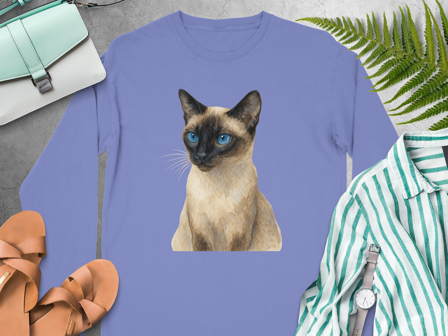 Blue Long Sleeve with Siamese Cat Graphic Print product