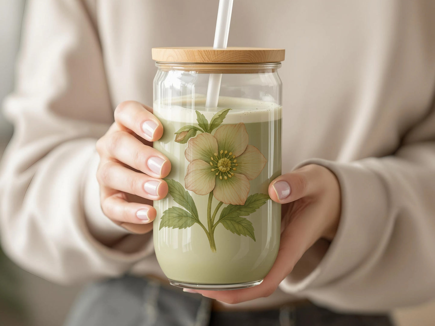 Charming Floral Design Glass Mug with Bamboo Lid product