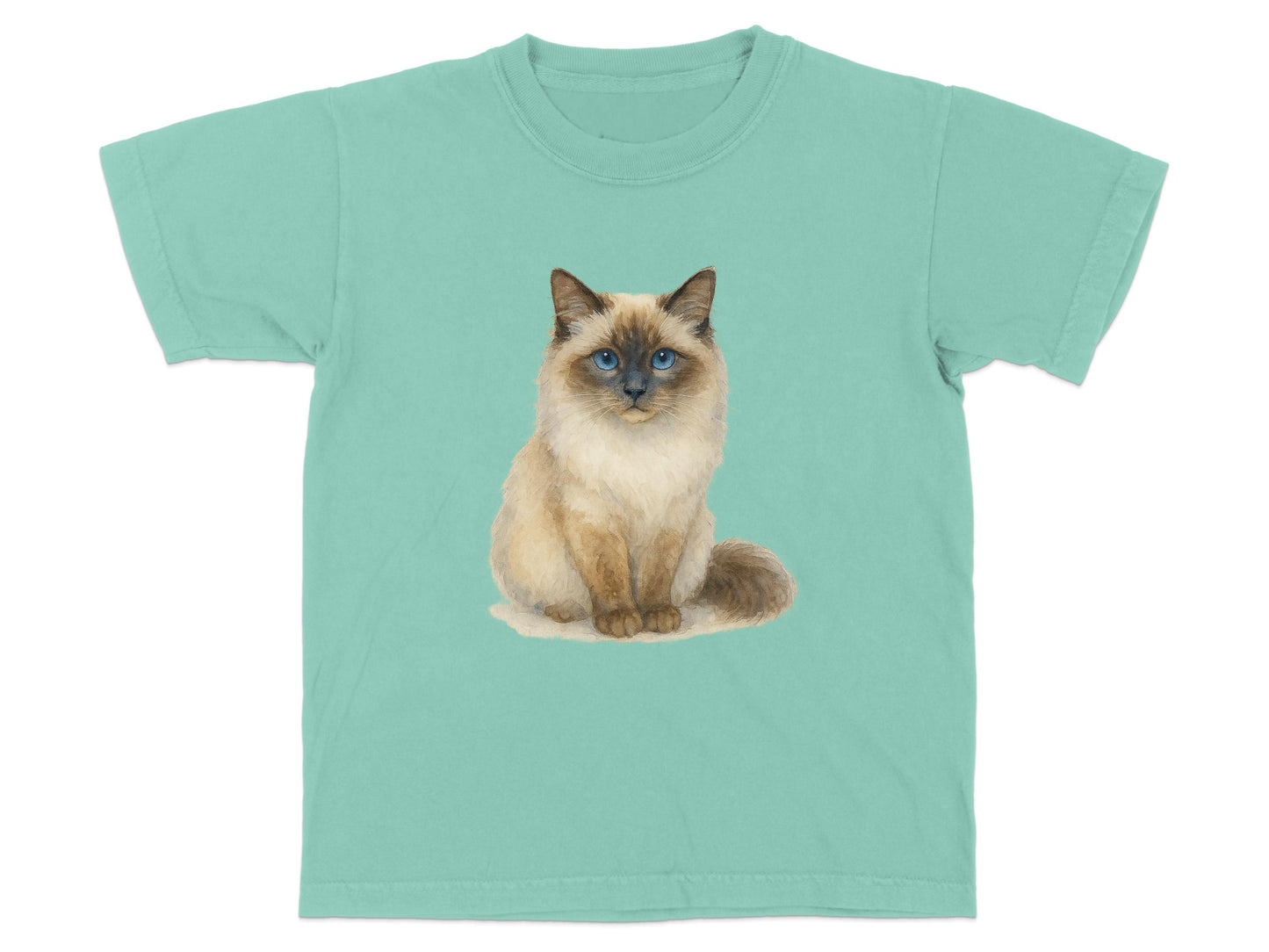 Cute Blue-Eyed Cat Print on Green T-Shirt product type