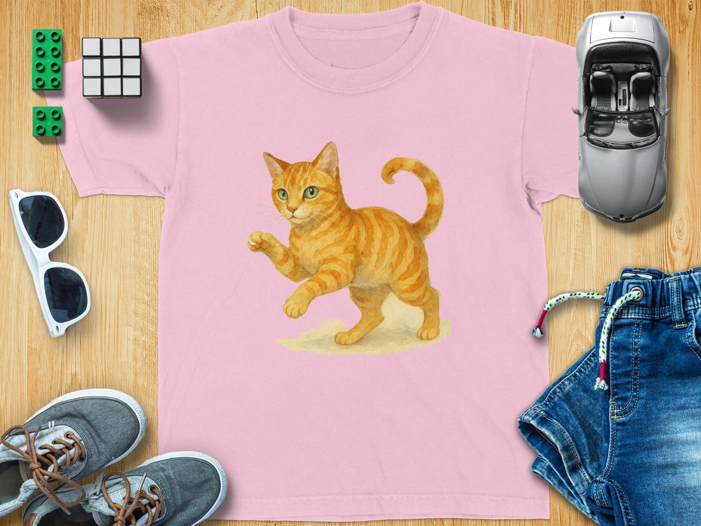 Playful Orange Kitten Pink Background T-Shirt product type
